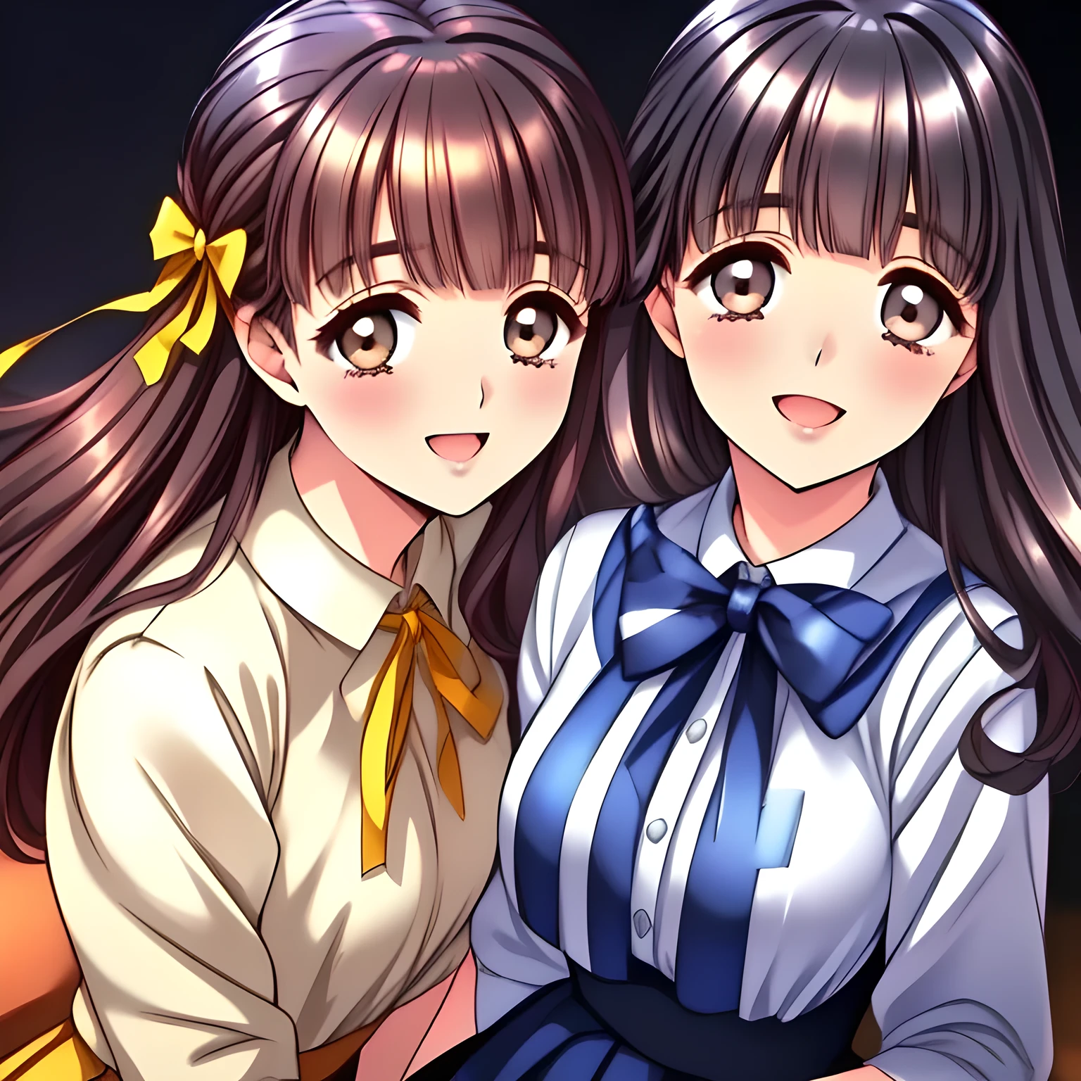 (highest quality, masterpiece:1.2), highest quality, High resolution, 1080p, 8K, (Two beautiful pretty succubi friends are seated in a train cabin, hypnotizing me by their neat beauty, ((laughing at me)), (love-story comic heroines), (intelligent and perfectly balanced slender style), feeling too funny, amazingly neat & clean, in peace and neat lovely strong charm, cutely tilted head, 8), (Too noble beautiful lady like a love-story comic heroine), (laughing like watching a comedy), A very lovely, very noble, pretty and pure beautiful girls. ((Bursting out Laughing very elegantly)), ((white grown face)), Using expensive whitening cosmetics by cosmetics artist: 1.2), Glossy lips, (curled) bangs, (Too beautiful blue fascinating shiny (double-lidded) (brown eyes) with love to the viewer, ((deep upper girly eyelid)), ((huge eye pupils)), laughing with detailed clearly: 1.5), (Dark blue vest school uniform, (Neat smart (white school frilled blouse))): 1.8), (A very neat, ((realistic), (dark-blue) pleated blue school (beautifully checkered) skirt): 1.6), (too pretty shiny big (red realistic school ribbon tie)): 1.5), (Shiny love-story heroine lips, extremely laughing open mouth: 1.0), ((amazingly beautiful black bobbed wavy hair is blowing in the wind: 1.5)), (Hair Ribbon ties (black hair), The ribbon is big and very pretty), (Tight waist, slender: 1.5), (The background is (plain black space) to emphasize their fascination: 1.8), (The lady knows well about the viewer's super fetishism for school uniforms, and satisfies it completely in the viewer's lewd dream: 1.7), (Gorgeous atmosphere In a train limited for beautiful girls bound for girl's school directly early in the morning: 1.5), (Everything is organized to have strong effect of hypnosis for the viewer to fall into happy dream with many beautiful girls: 1.5), (The viewer must be transferred to the world of the beautiful succubi right now when he sees the eyes of girls in this picture: 2)