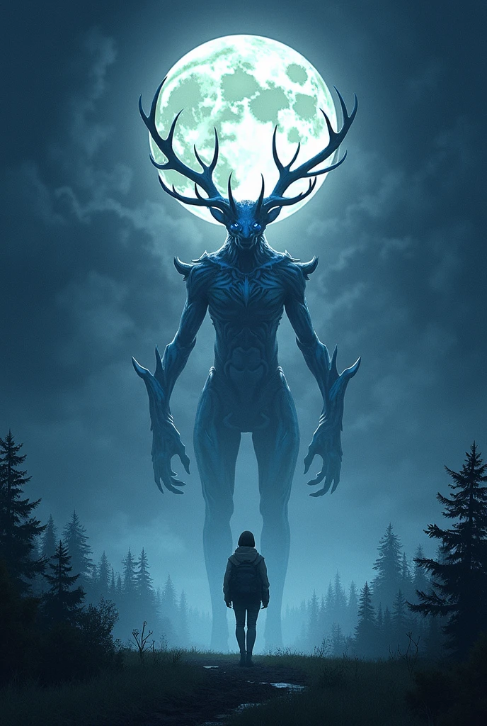 A man with a backpack, antlers, with sword in hands