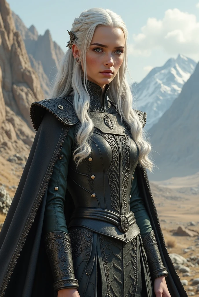 a beautiful woman, blue eyes, long white hair, defined body, wearing detailed Victorian-era mask and armor (( super strong )), masterpiece, best quality, ultra-detailed, ground, destroyed city background, shadows, contrast, clear sky, analog style (look at viewer:1.2) (skin texture) (film grain:1.3), ultra-high resolution, octane render, 16k