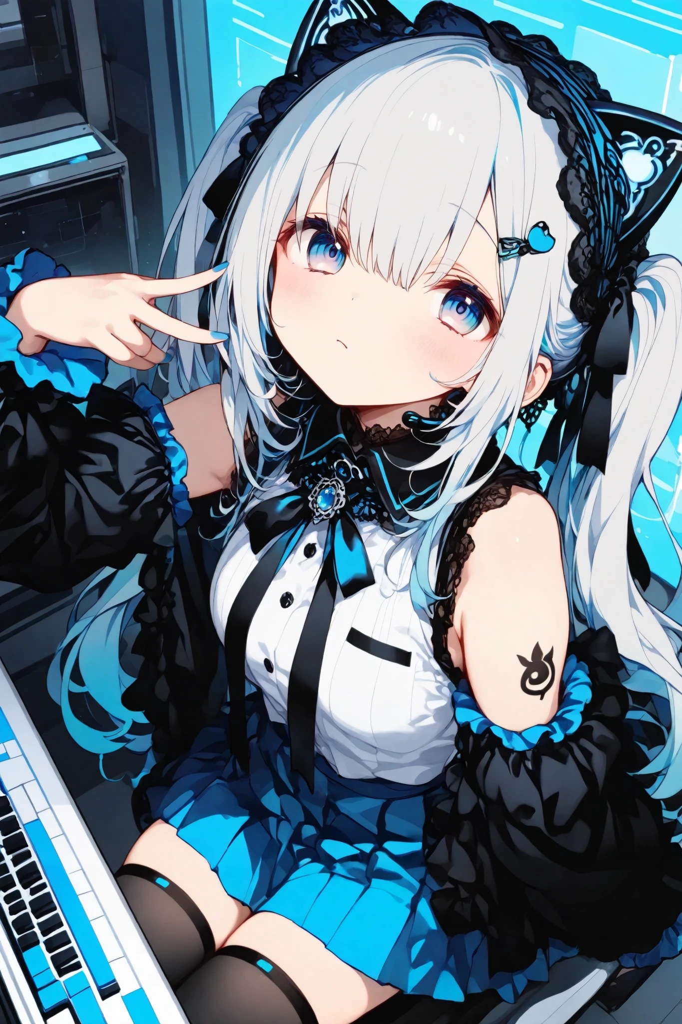 masterpiece, best quality, ultra-detailed, Komeshiro Kasu style,SagawaStyle,trk,dark gothic, Cute 1girl with large aqua blue eyes and long aqua blue twin tails featuring gradient and glossy texture, showing a soft and cheerful expression, wearing a futuristic gray and aqua blue outfit, including a sleeveless top with a tie, a pleated skirt with aqua blue accents, black over-sleeves with a keyboard design, and black thigh-high socks with aqua blue stripes, equipped with a headset on her head, a 01 tattoo on her left arm, and aqua blue nails, depicted in chibi style with high detail and ultra-realistic rendering, focusing on the character's facial expression and outfit details, masterpiece quality in 8k resolution