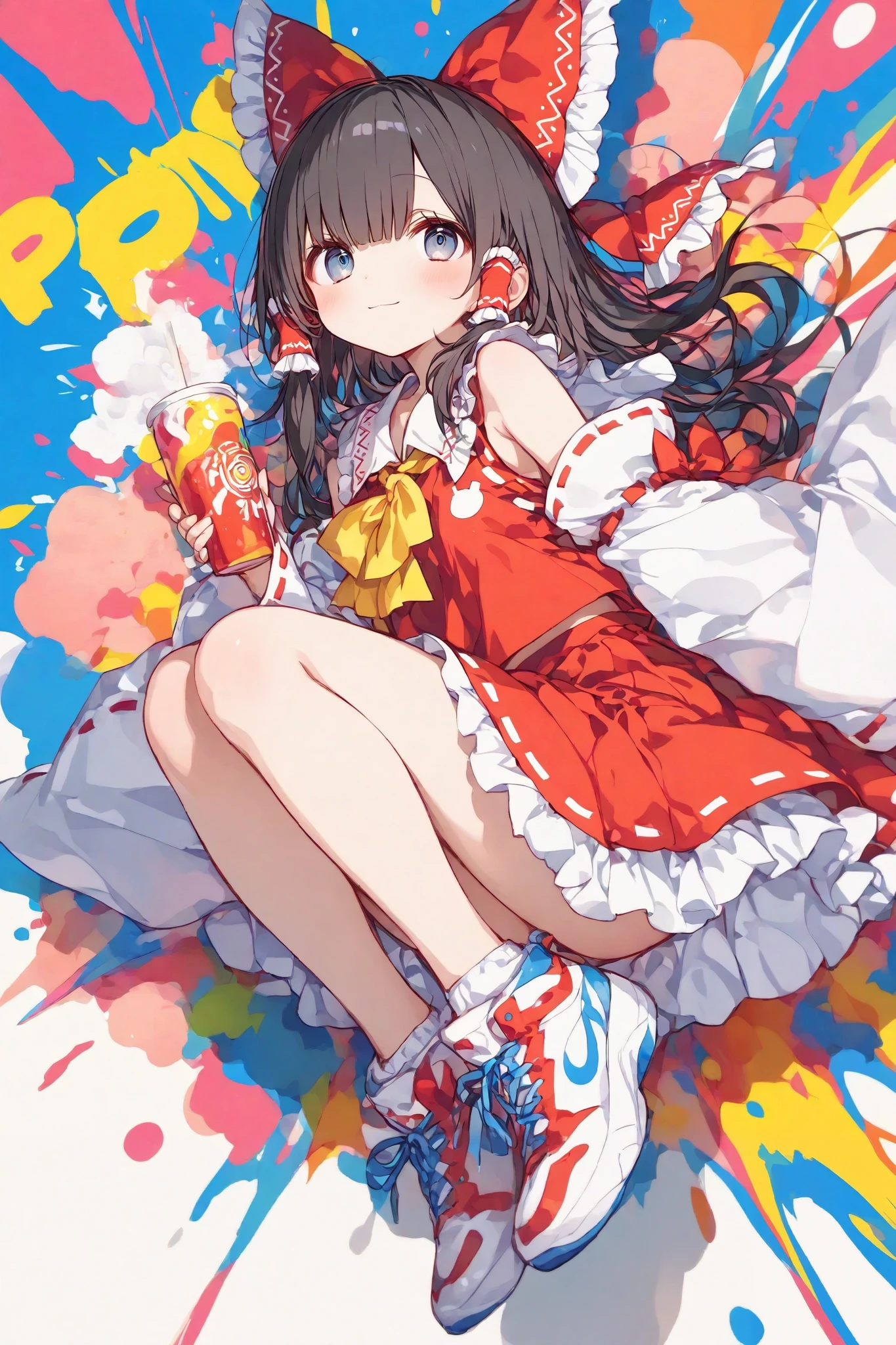masterpiece, best quality, ultra-detailed,SagawaStyle,trk,pop art, Komeshiro Kasu style,Cute 1girl\(rem \(hakurei reimu,cyan eyes,light smile\),(dynamic pose:0.25) ,full body shot,masterpiece, best quality, 8k, highres, ultra-detailed,HDR, UHD, professional, vivid colors