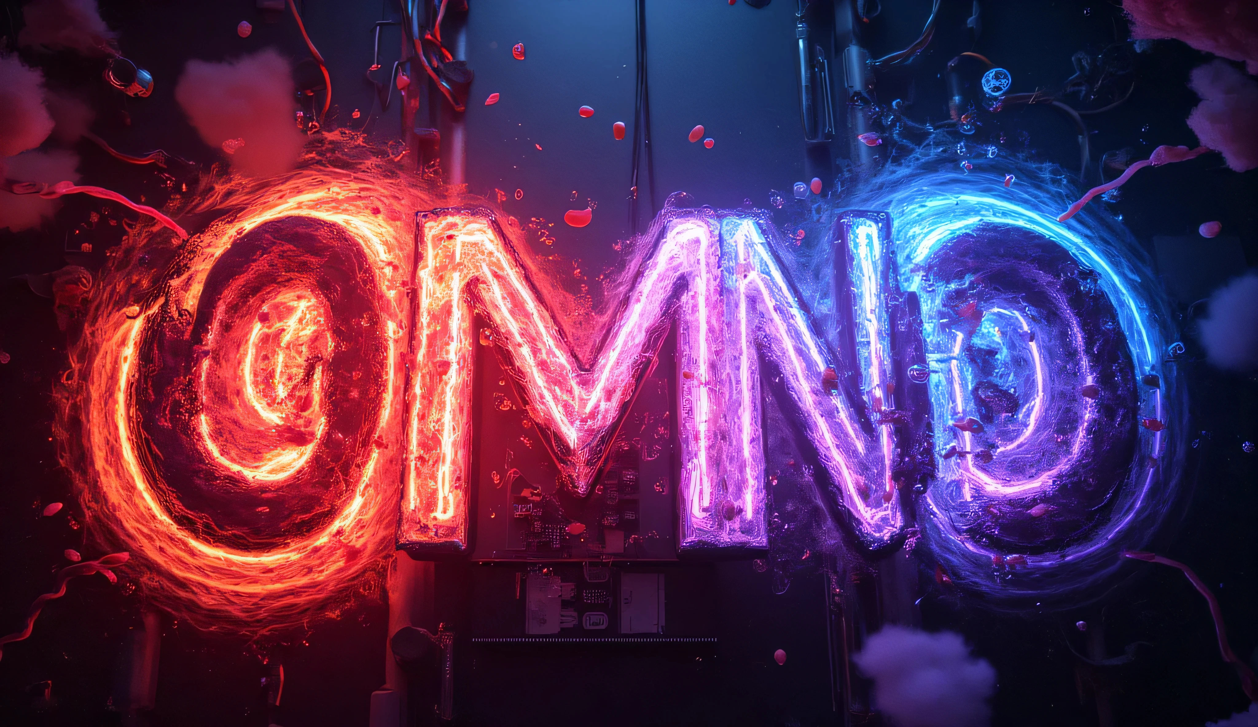 Let it be a boom of colors red and blue, and at the center of this boom there must be a word "OMNO" with large and capital letters on a technology background, and a beautiful but spooky fire surrounding, com tons darks com água, Science of the Day, dark, technology background with beautiful light effects and lots of pure light cables connected in the word OMNO.