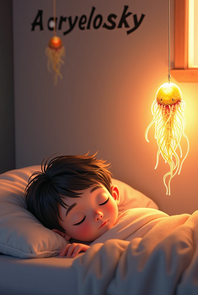 A room at night Boy sleeping, by his side watching him sleep, There are two beings of blue light and black eyes of grey aliens. The room lit up like a reflection of water and goldfish flying around the room