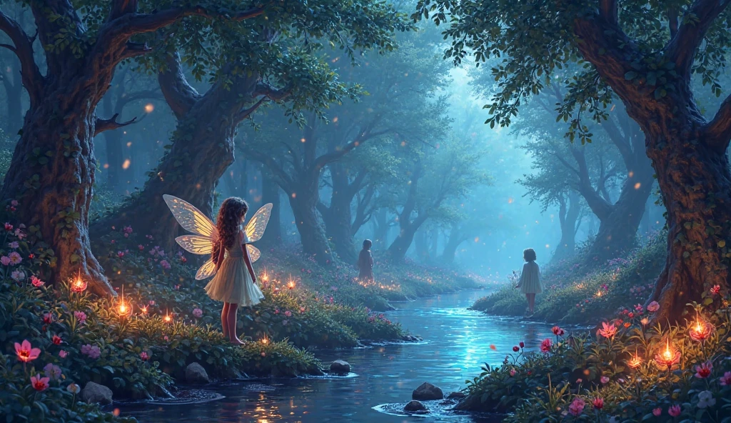 A large pine forest with fairies and nymphs fluttering around a large river and a very starry sky