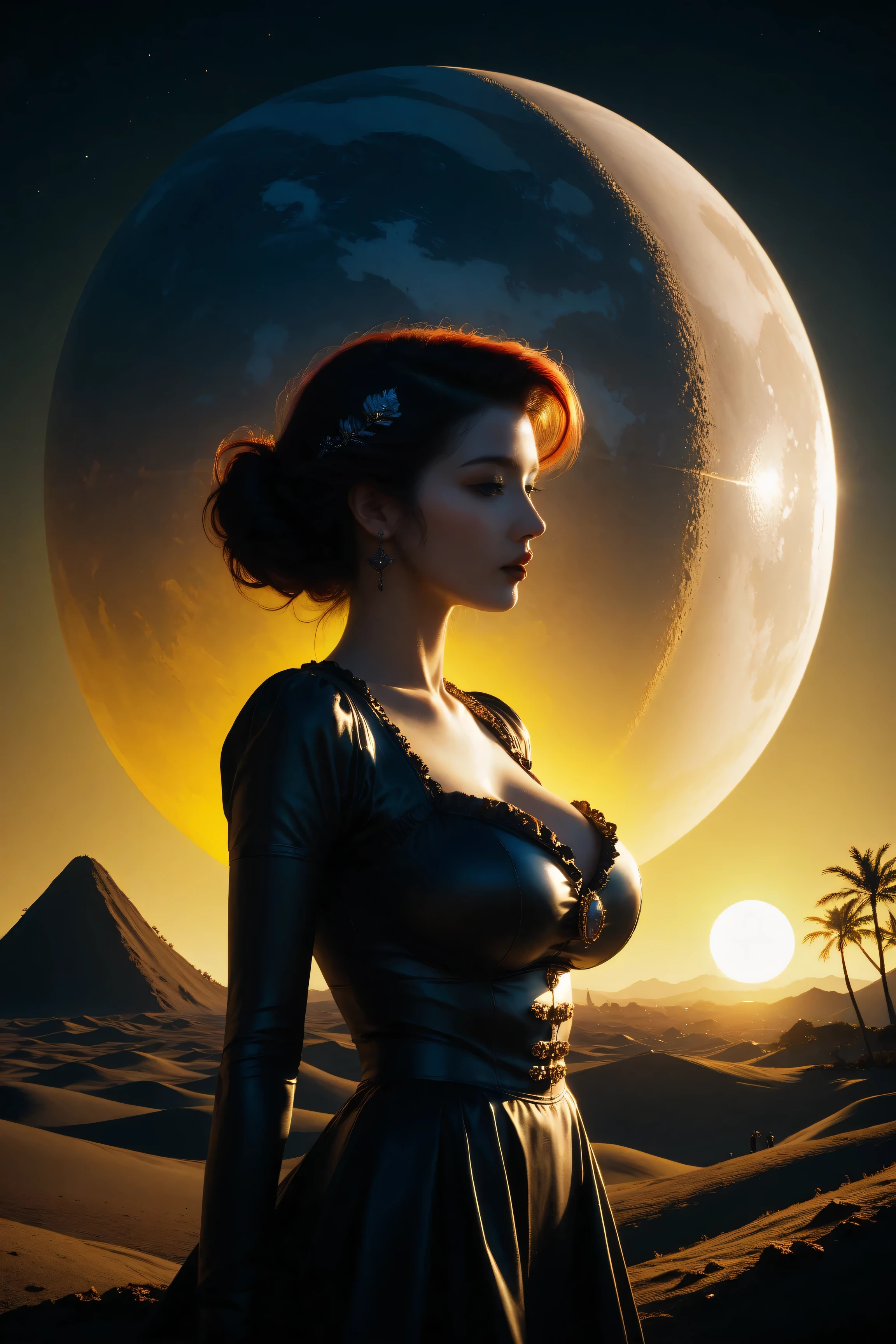 ((best quality)), ((masterpiece)), (detailed), perfect face, surreal, art nouveau, in the illustrative style of moebius, spaceships, aliens, fantasy, sci-fi, graphic novel, line drawing, french retro, huge breasts, cleavage, SYNTHWAVE STYLE DESIGN VIBRANT COLORS, young korean girl,