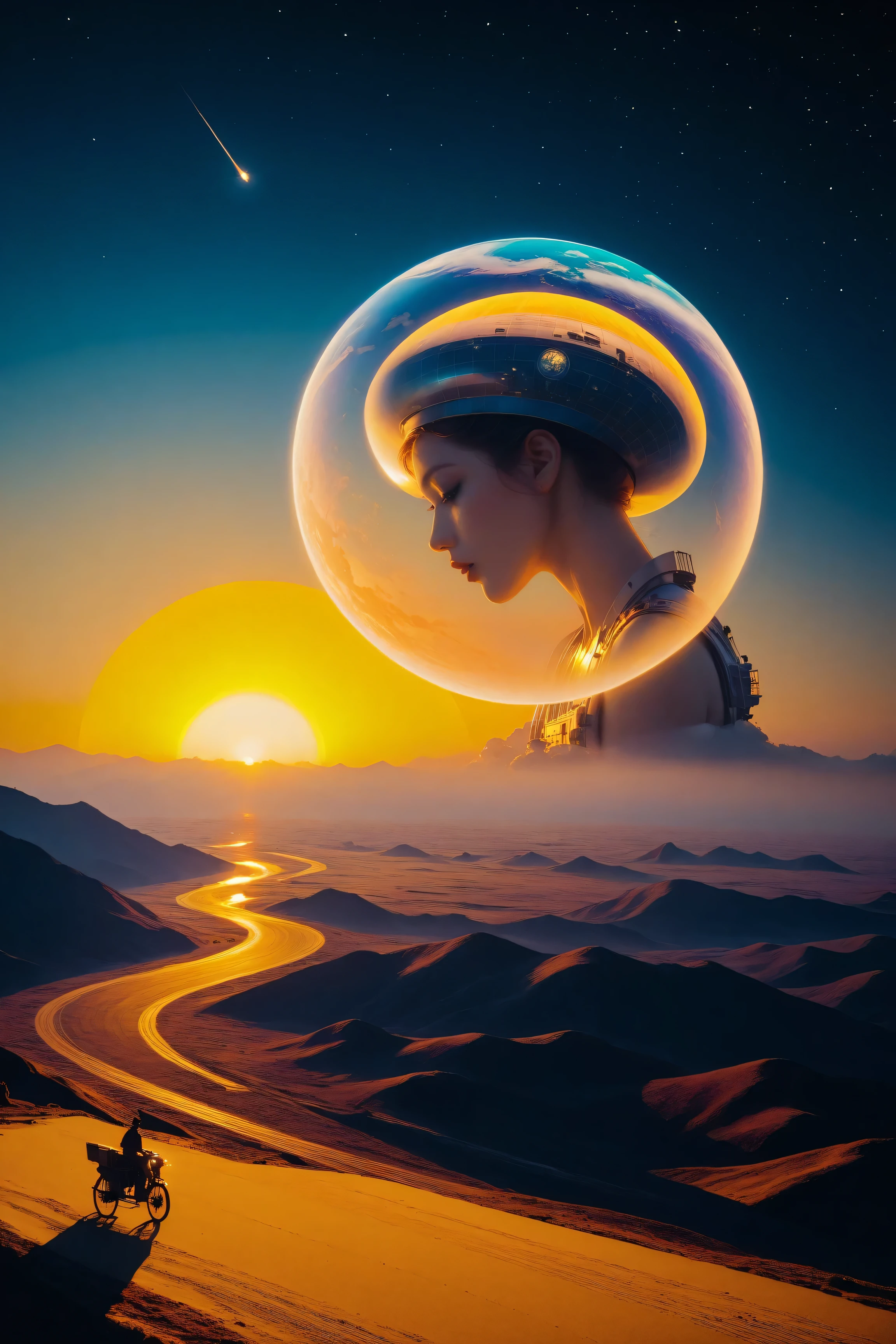 ((best quality)), ((masterpiece)), (detailed), perfect face, surreal, art nouveau, in the illustrative style of moebius, spaceships, aliens, fantasy, sci-fi, graphic novel, line drawing, french retro, huge breasts, cleavage, SYNTHWAVE STYLE DESIGN VIBRANT COLORS, young korean girl,