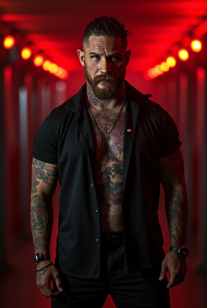 a man with a tattoo on his  and a red jacket, 