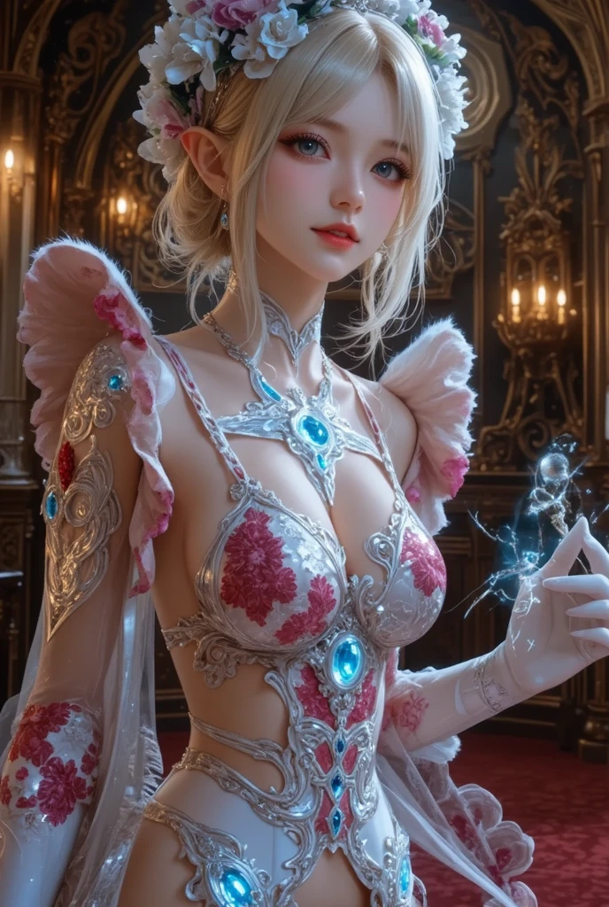 masterpiece,Highest image quality,Super detailest quality ,extremely delicate and beautiful, Very detailed,best quality, official art, Extremely detailed CG unified 8k wallpaper, portrait photo, The most beautiful look,Blonde hair, blue eyes,Radiant skin and radiant eyes, beautiful skin,(detailed lighting:1.2), (Beautiful and detailed light:1.3), deep understanding, beautiful nude color, complex, digital painting, Smooth, sharp focus, end of the world, epic reality,looking at camera, (high dynamic range:1.4),face camera, (pastel colors:1.4), beautiful big breasts,end of the world的, give up, neutral color, night, screen space refraction, (intricate details, Super detailed:1.3), art station, movie shot, vignette, complex background, buliding,charming smile,Blushed,Shy,detailed background,(Various colors of dream catcher earrings missing color,Color is black,White,pink,Purple,red,blue,orange color,green,blue,,),sexy and sultry,(exposed,camel toe,comb neatly,),The sexiest look,Crystal Pink Diamond Venetian Sunset Rose Transparent Open Dress,Ultra thin,translucent,lace,hollowed out,(Off-shoulder, large open chest, crystal pink diamond, transparent hollow, open style, slim dream, dark elf fascination suspender skirt:1.6), pink背景,
