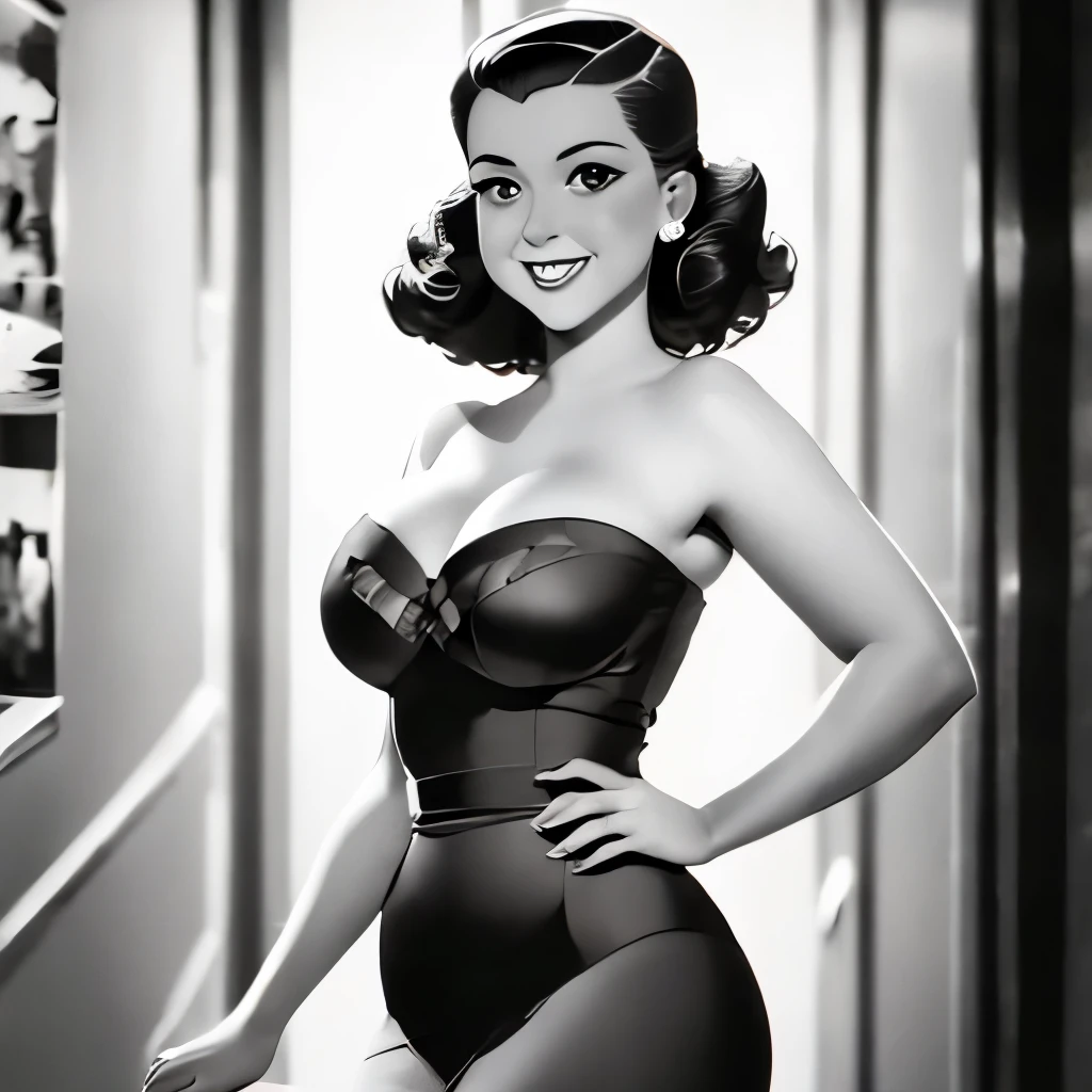 Impressive wartime pin-up girl images, (large tit:1.1), thin, Dressed in retro costumes, Pose gracefully in a nostalgic 1940s home add a vintage feel to the scene, Capturing the essence of iconic pin-up art and vintage aesthetics of the time. (Cuphead 1920s Monochrome Rubberhose Cartoon Style:1.6), (full body:1.5), photo realistic, 8k