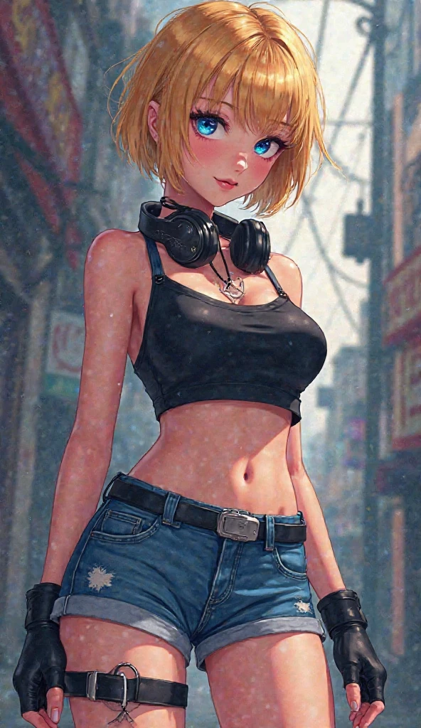 masterpiece, best quality, 1girl, solo, crop top, denim shorts, choker, (graffiti:1.5), paint splatter, arms behind back, against wall, looking at viewer, armband, thigh strap, paint on body, head tilt, bored, blonde hair, aqua eyes, headset,. smirk, sultry look, seductive,
