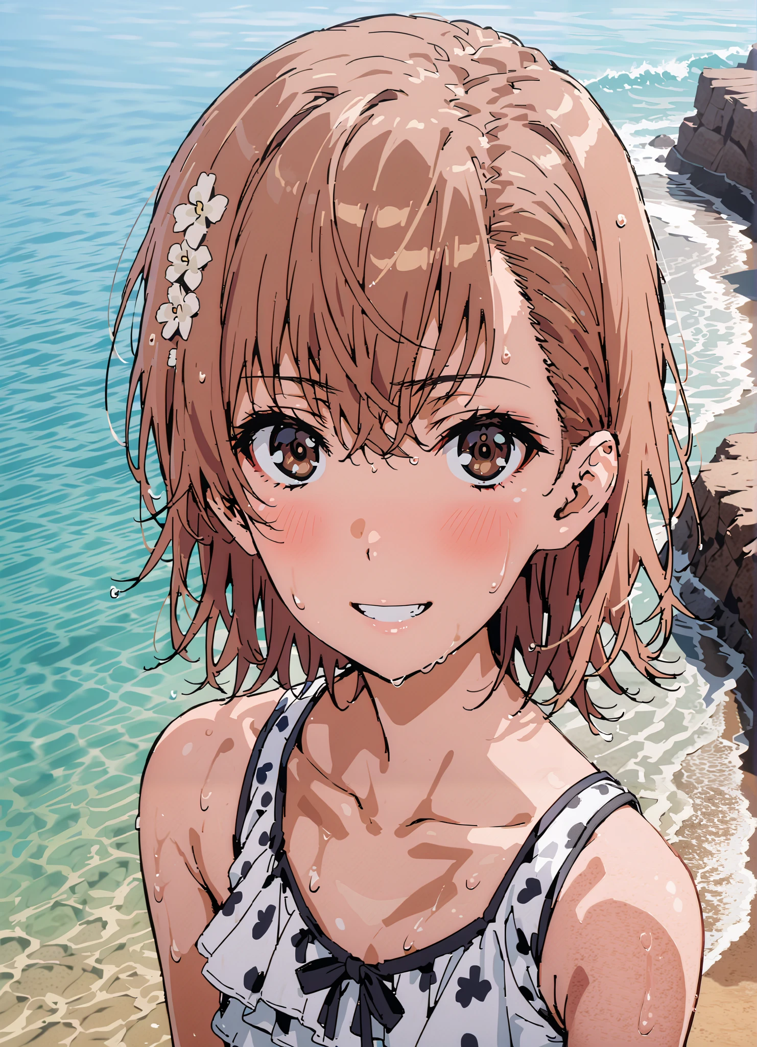Mikoto and Misaka, Misaka Mikoto ,Alone, short hair, brown hair, hair ornaments close to the garden, hair flower, brown eyes, brown skin,Ruffled bikini swimsuit,denim micro shorts,Bare legs,smile,blush, grin ,Bare legs,standing,wet skin,wet hair, wet swimsuit ,full bodyがイラストに入るように, break outdoors,strand,sea,
break looking at viewer,full body,
break (masterpiece:1.2),Best Quality , kampala, Unity 8K Wallpaper ,(shape:0.8),( fine, beautiful eyes :1.6),It's a person ,full body写真,CG Details , (perfect hands, complete anatomy),