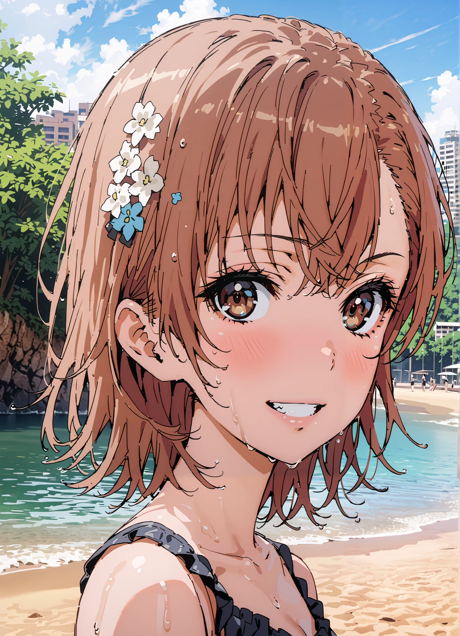 Mikoto and Misaka, Misaka Mikoto ,Alone, short hair, brown hair, hair ornaments close to the garden, hair flower, brown eyes, brown skin,Ruffled bikini swimsuit,denim micro shorts,Bare legs,smile,blush, grin ,Bare legs,standing,wet skin,wet hair, wet swimsuit ,full bodyがイラストに入るように, break outdoors,strand,sea,
break looking at viewer,full body,
break (masterpiece:1.2),Best Quality , kampala, Unity 8K Wallpaper ,(shape:0.8),( fine, beautiful eyes :1.6),It's a person ,full body写真,CG Details , (perfect hands, complete anatomy),