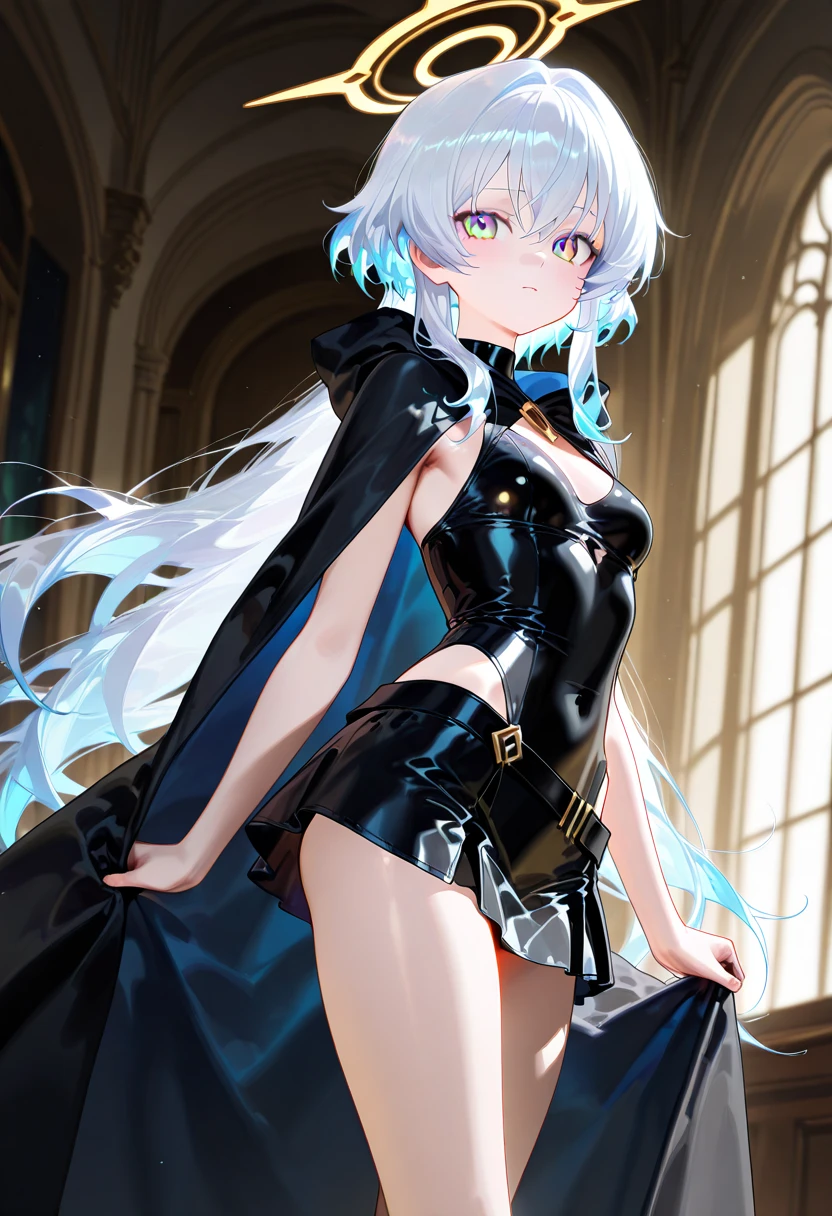 Girl opening her crotch naked、silber hair、Longhaire、Akame、A slender、small tits