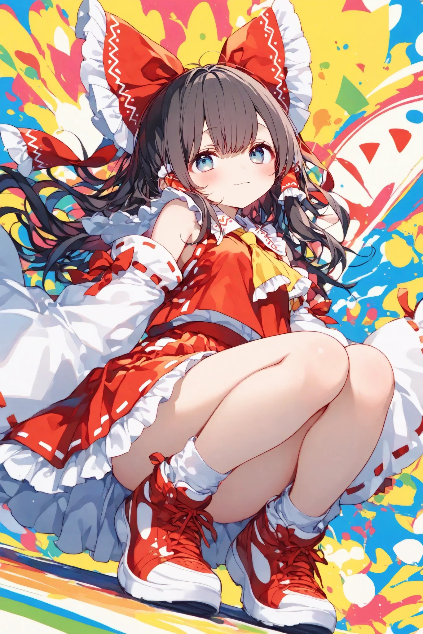 masterpiece, best quality, ultra-detailed,trk,pop art,SagawaStyle,Komeshiro Kasu style,Cute 1girl\(rem \(hakurei reimu,cyan eyes,light smile\),(dynamic pose:0.25) ,full body shot,masterpiece, best quality, 8k, highres, ultra-detailed,HDR, UHD, professional, vivid colors
