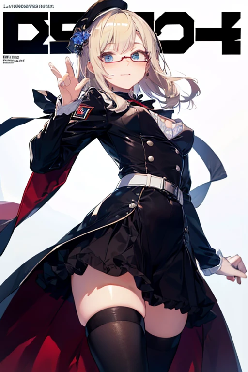 1girl, ashen_blond_hair, long_hair, bangs, red_eyes, two_side_up, hair_over_one_eye, blush, medium_breasts, Black_trench_coat, gauntlets, Black_pantyhose, grey_shorts, pale skin,