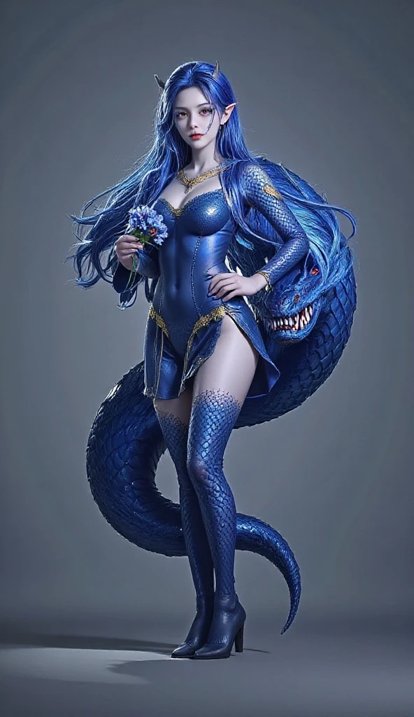 blue hair latin woman wizard with blue cute little dragon