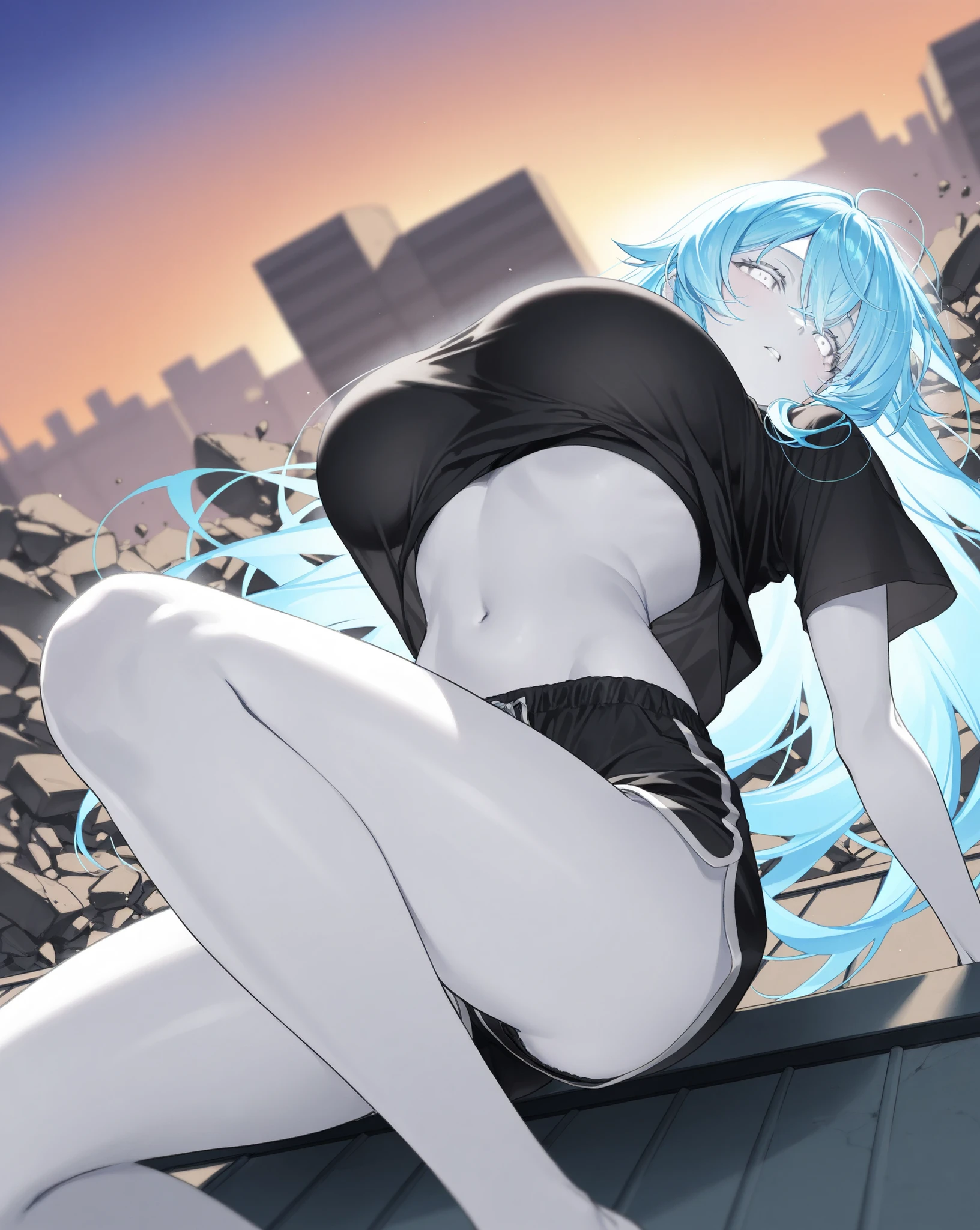 A sexy girl is listening to music by the window. Outside the window is a night city.　Eyes closed