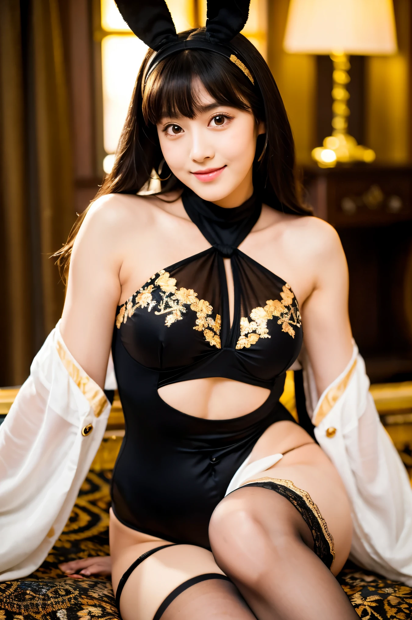 (dynamic angle:1.3, front view:1.1, breast focus:1.3, from below:1.2), (dynamic posing:1.5, sexy posing:1.2, leaning forward), (seductive smiling:1.3), beutiful woman, 1girl,fullbody, happy, (with sparkling eyes and a contagious smile:1.2), red face, closed mouth, beautiful detailed eyes, super detailed skin, backlighting, bare shoulders, black background, black dress, black gloves, black hair, breasts, dress, earrings, fingerless gloves, floating hair, floral print, flower, gloves, gold earrings, gold hairband, hair flower, hair ornament, hairband, holding, holding two-hands knife weapon, jewelry, small breasts:1.2, long hair, looking at viewer, off-shoulder dress, off shoulder,blue eyes, short hair with long locks, sidelocks, solo, spikes, thighs, two-sided dress, two-sided fabric, weapon, fighting stance , face, close up, from above, highest quality, high resolution,Real World, Natural light,perfect Natural light,looking at viewer,The bar is beautiful, with colorful bottles of alcohol in the background and a soft glow from neon lights. 
