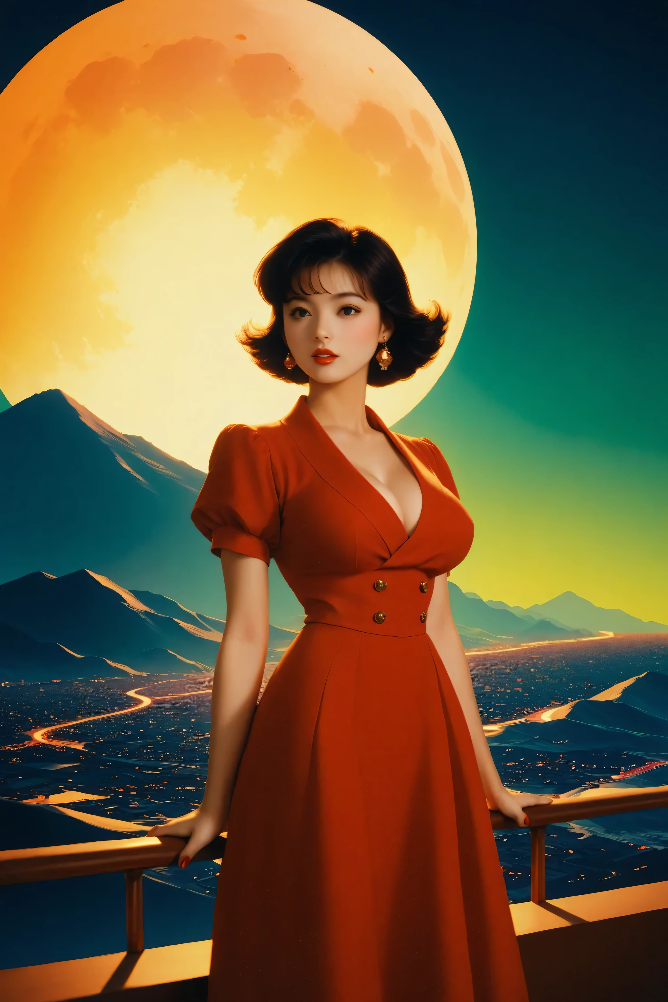 ((best quality)), ((masterpiece)), (detailed), perfect face, surreal, art nouveau, in the illustrative style of moebius, spaceships, aliens, fantasy, sci-fi, graphic novel, line drawing, ((japanese retro)), huge breasts, cleavage, SYNTHWAVE STYLE DESIGN VIBRANT COLORS, young japanese girl, 60s retro, film noir, 