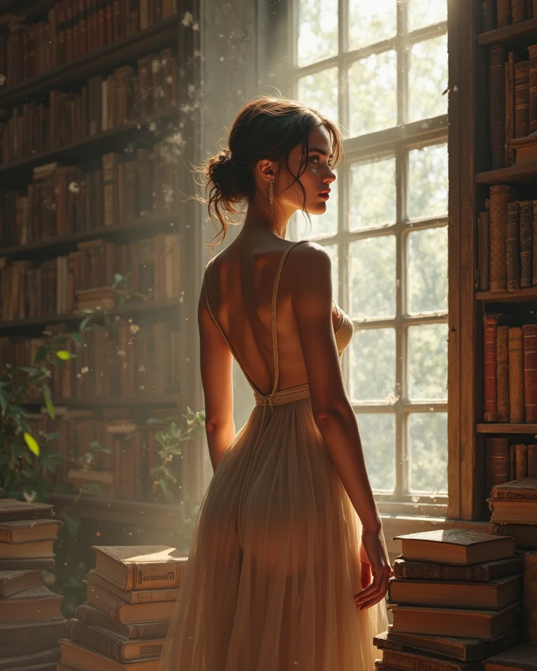 raw photo, 8k uhd, expertly captured human form, crafting a provocative and elegant composition. The subject is a 39 years old Spanish librarian, captured in a candid yet bold pose, exhibiting confidence and sensuality. The absence of clothing in this image creates a moody and intense atmosphere. The striking photograph showcases the artist's mastery of capturing the human body with a blend of sophistication and intimacy, allowing viewers to appreciate the beauty and allure of the subject in a timeless and evocative manner. Sony A7R IV, Sony FE 50mm f/1.2 GM, natural early morning light pouring in from the nearby window