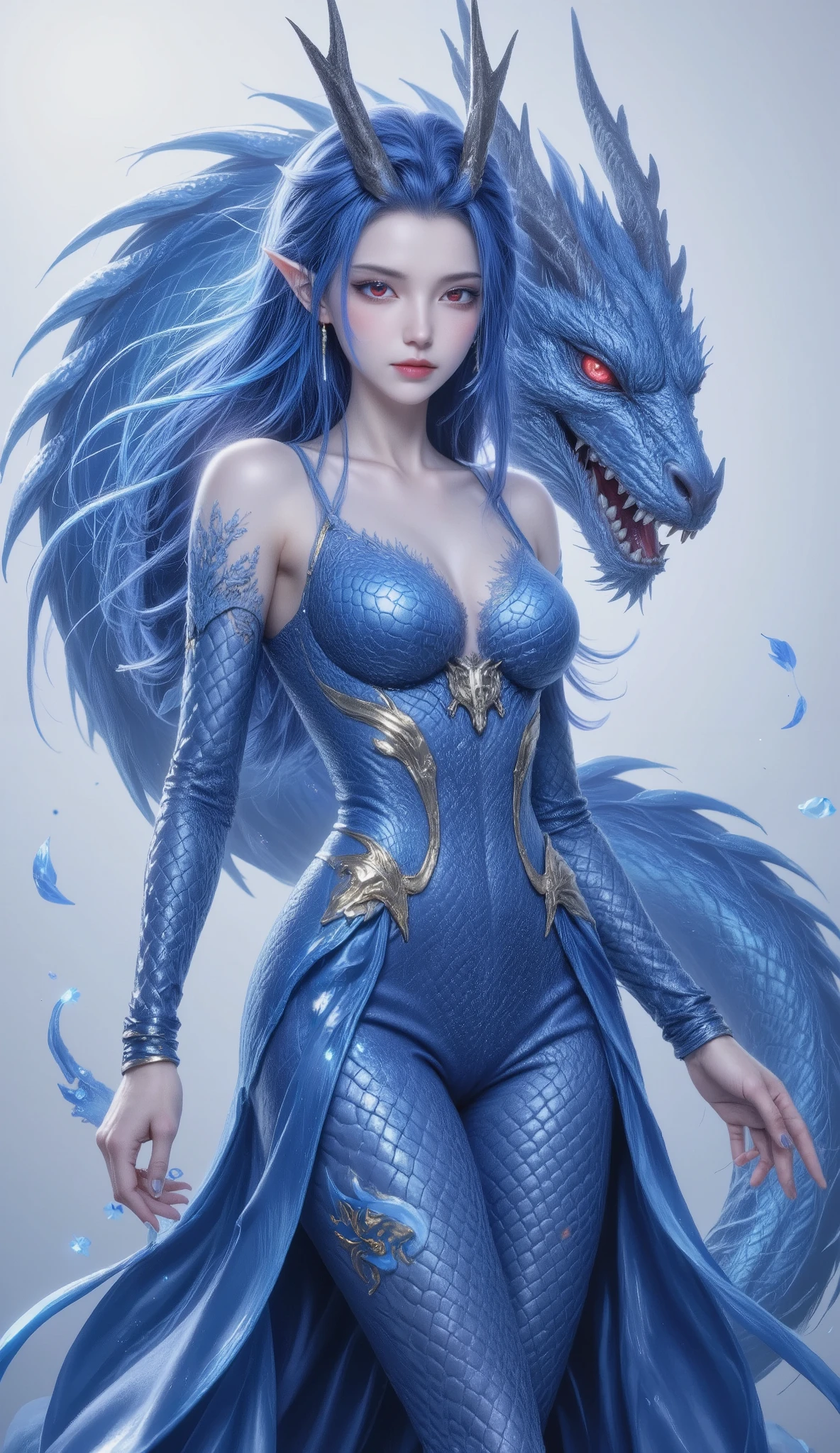 The image features a fantasy-themed illustration of a female character with long, flowing blue hair and pointed ears, resembling an elf or mythical creature. She is adorned in a form-fitting blue dress with intricate patterns and textures that give the appearance of scales, suggesting a connection to aquatic or dragon-like elements. Her dress is complemented by a golden belt or ornamentation around her waist. The character is holding a small, delicate blue flower in her right hand.
Behind her, a large, blue dragon with red eyes and sharp teeth is coiled, its body blending into the background. The dragon's scales and features are detailed and textured, matching the aesthetic of the character's attire. The overall color palette of the image is dominated by various shades of blue, creating a cohesive and striking visual effect.
The illustration style is highly detailed and polished, with a focus on realism and texture, particularly in the character's hair, dress, and the dragon's scales. The lighting and shading in the image give a sense of depth and dimensionality, enhancing the three-dimensional appearance of the characters. There are no visible texts or additional elements in the image.