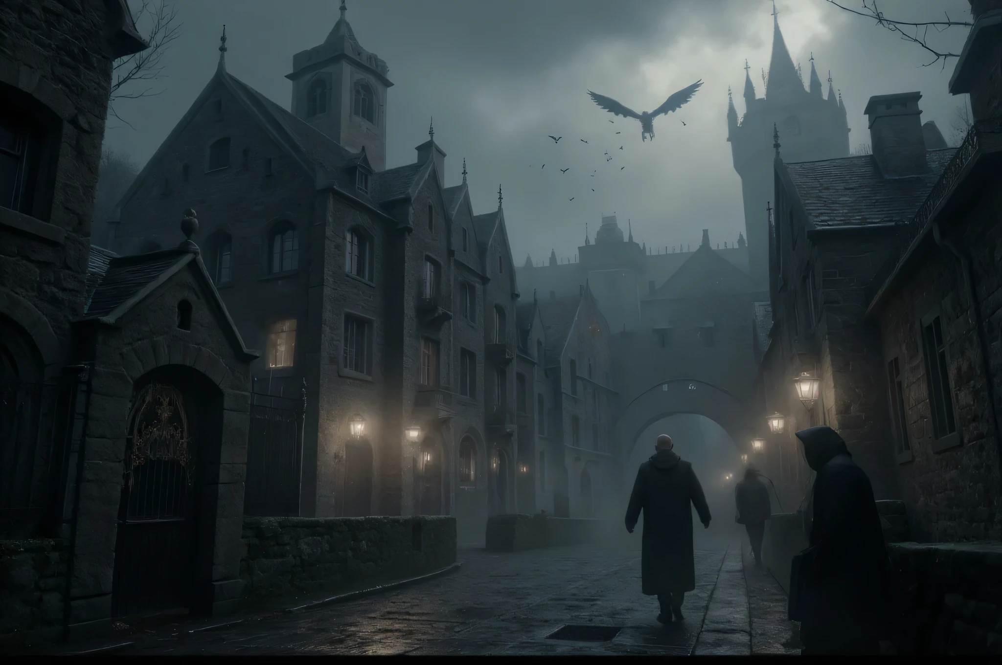 "Generate a realistic digital illustration for the cover of an e-book entitled 'The Gray Parallel'. The scene depicts a dark city with Gothic architecture and ancient buildings that touch the low clouds. Narrow streets covered by wet cobblestones meander between grimy buildings, shrouded in dense fog. In the foreground, the ethereal silhouette of a Shadow man floats slightly above the ground — a faceless figure made of hazy shadows. In the background, glimpses of the Mist Guards, tall creatures in black cloaks with hoodies, add depth. In the darkened sky, Dark Wings fly over the buildings. A subtle golden glow of the Luminous Watchers contrasts with the darkness, emanating hope. The color palette is dominated by shades of gray and sepia, with soft gold details. The overall atmosphere is one of mystery and melancholy. Include the title 'The Grey Parallel' with Gothic-style typography at the bottom of the image."