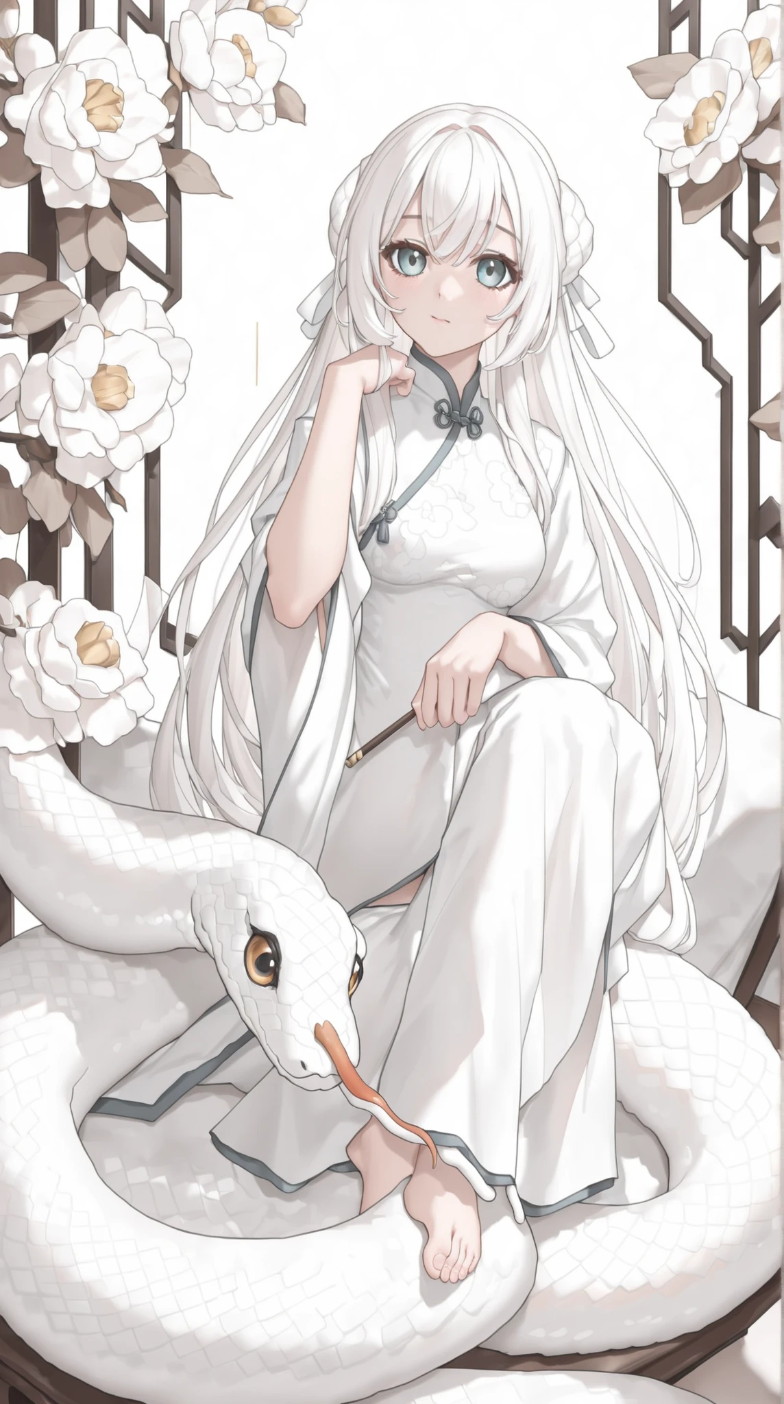 alone, Girl in a white cheongsam , stroking a white snake in the background , Blue flowers in the background , Chinese Theme, outrageous, masterpiece, has the best quality, ultra-high definition