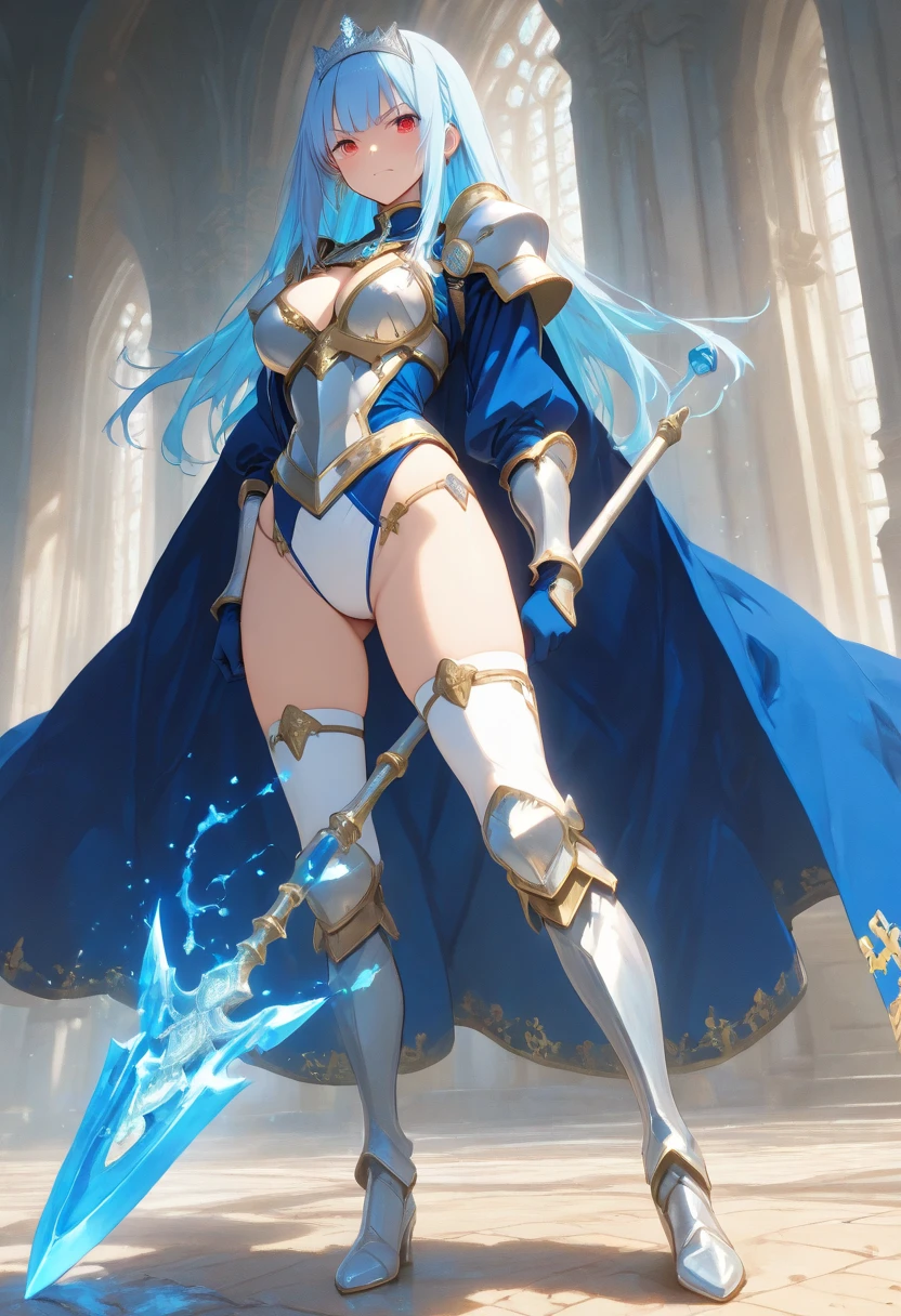 (masterpiece, best quality, high resolution, ((full body, standing,))((huge breasts)) 1 female, magic warrior, elegant appearance, very long light blue hair with straight hair, full body magic warrior armor, rapier hand,
,(full body)