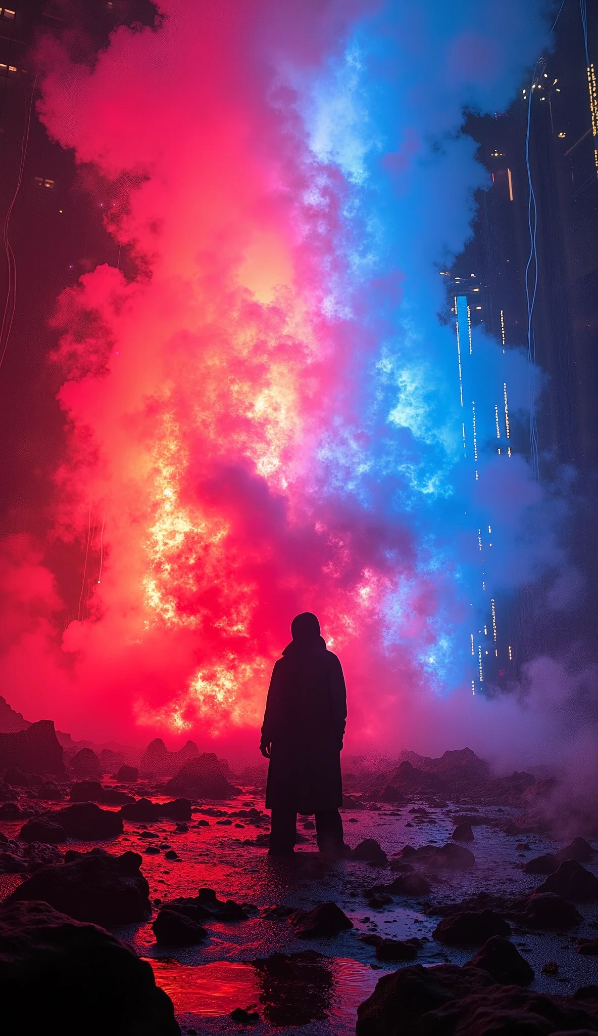 Let it be a boom of colors red and blue, And at the center of this boom there must be a faceless being "OMNO" in a technology fund, and a beautiful but spooky fire surrounding, com tons darks com água, Science of the Day, dark, with beautiful light effects and lots of cables of pure light wandering in space.