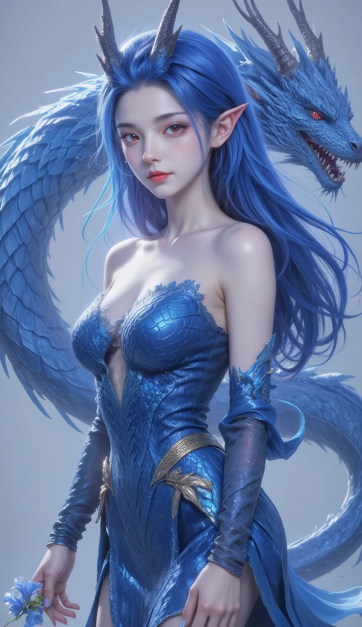 The image features a fantasy-themed illustration of a female character with long, flowing blue hair and pointed ears, resembling an elf or mythical creature. She is adorned in a form-fitting blue dress with intricate patterns and textures that give the appearance of scales, suggesting a connection to aquatic or dragon-like elements. Her dress is complemented by a golden belt or ornamentation around her waist. The character is holding a small, delicate blue flower in her right hand.
Behind her, a large, blue dragon with red eyes and sharp teeth is coiled, its body blending into the background. The dragon's scales and features are detailed and textured, matching the aesthetic of the character's attire. The overall color palette of the image is dominated by various shades of blue, creating a cohesive and striking visual effect.
The illustration style is highly detailed and polished, with a focus on realism and texture, particularly in the character's hair, dress, and the dragon's scales. The lighting and shading in the image give a sense of depth and dimensionality, enhancing the three-dimensional appearance of the characters. There are no visible texts or additional elements in the image.