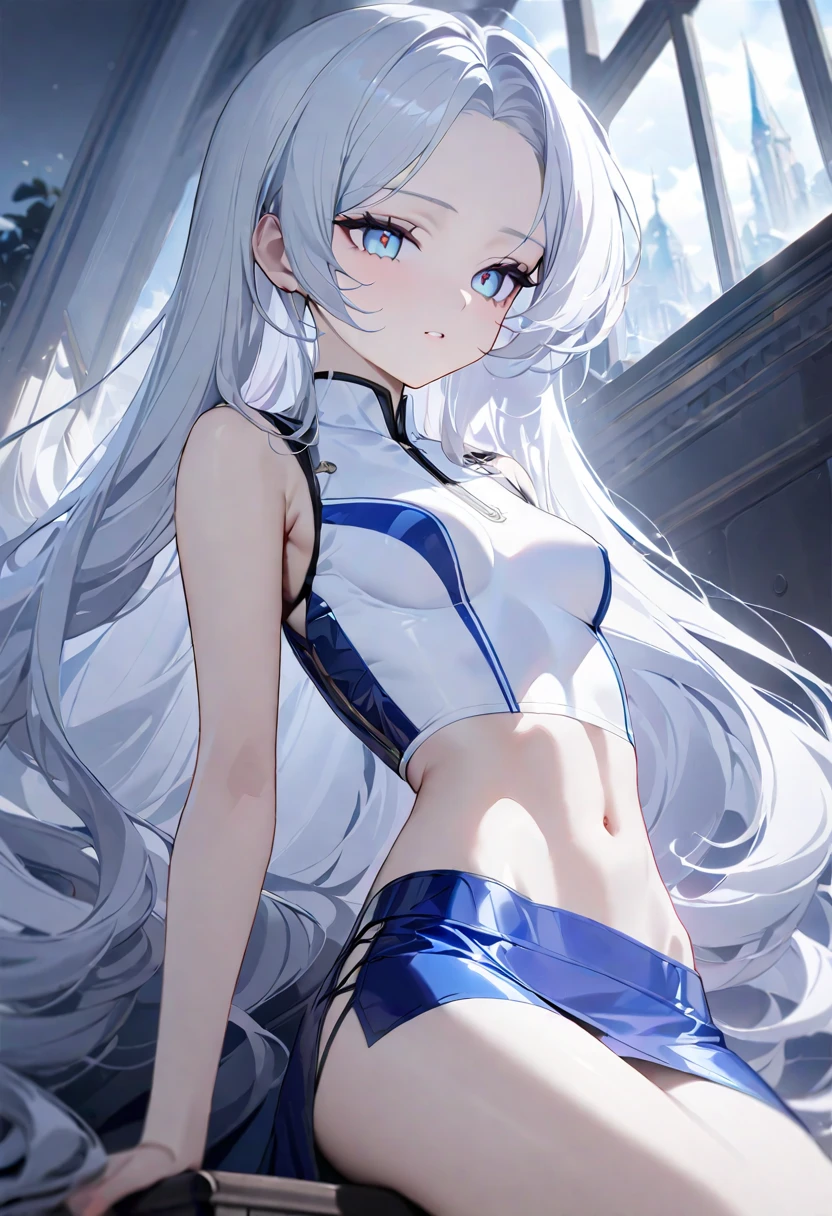 A girl with long silver hair, blue eyes, fair skin tone, slender and athletic built, modern clothes, detailed hair, detailed body, best quality, aesthetic, 8k