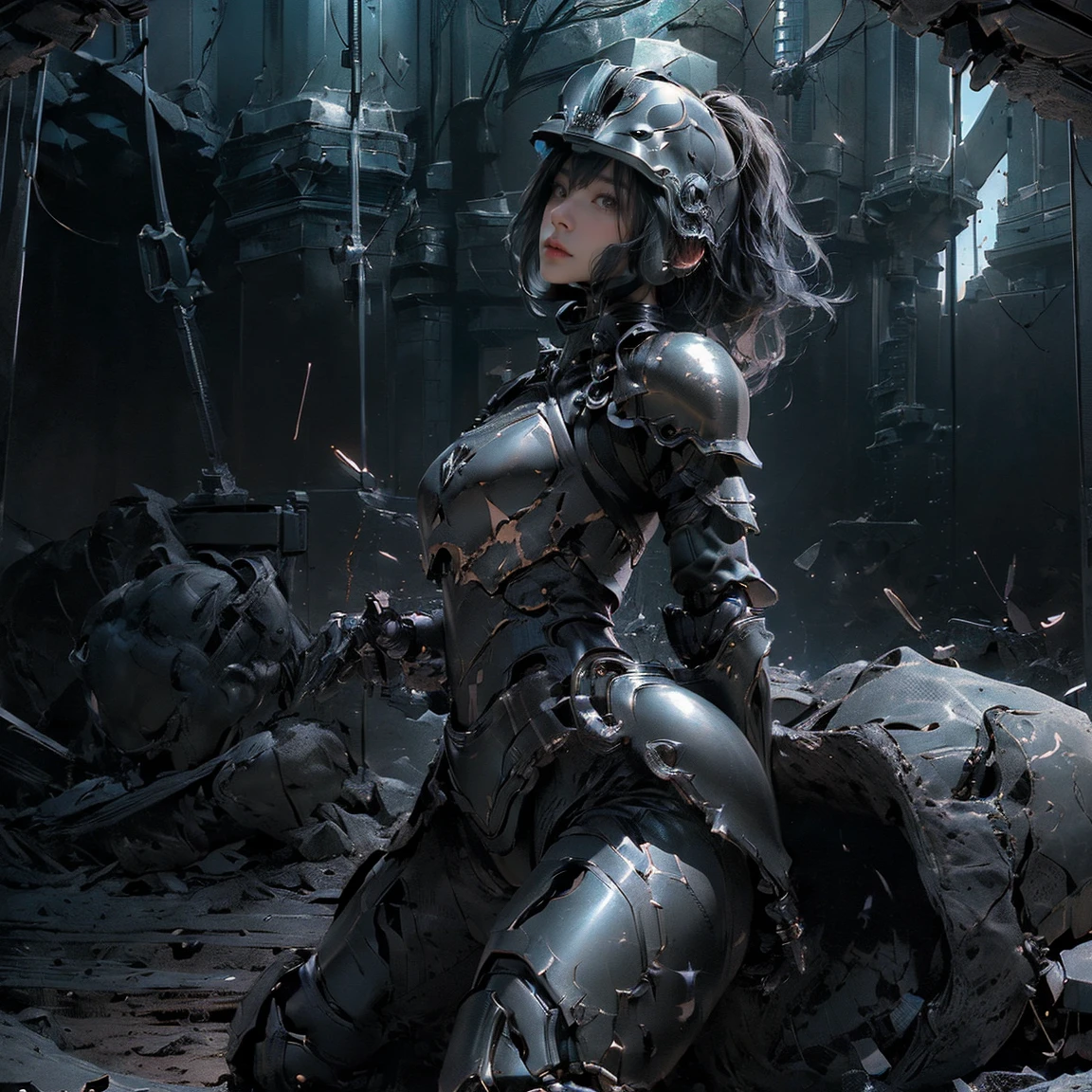 (highest quality)),(ultra high resolution),(Super detailed),(detailed description),((best CG)),(best work of art),super precision art,great drawing art,(Art with precise details:1.5), (1 woman:1.5),beautiful and well-shaped face:1.5,expression of agony:1.5,A detailed and detailed hero suit:1.4,Fighting hard:1.5, Graveyard with a gloomy atmosphere:1.6,Muddy ground:1.4,surrounded by the dead:1.3,the sun blocked by clouds:1.4,