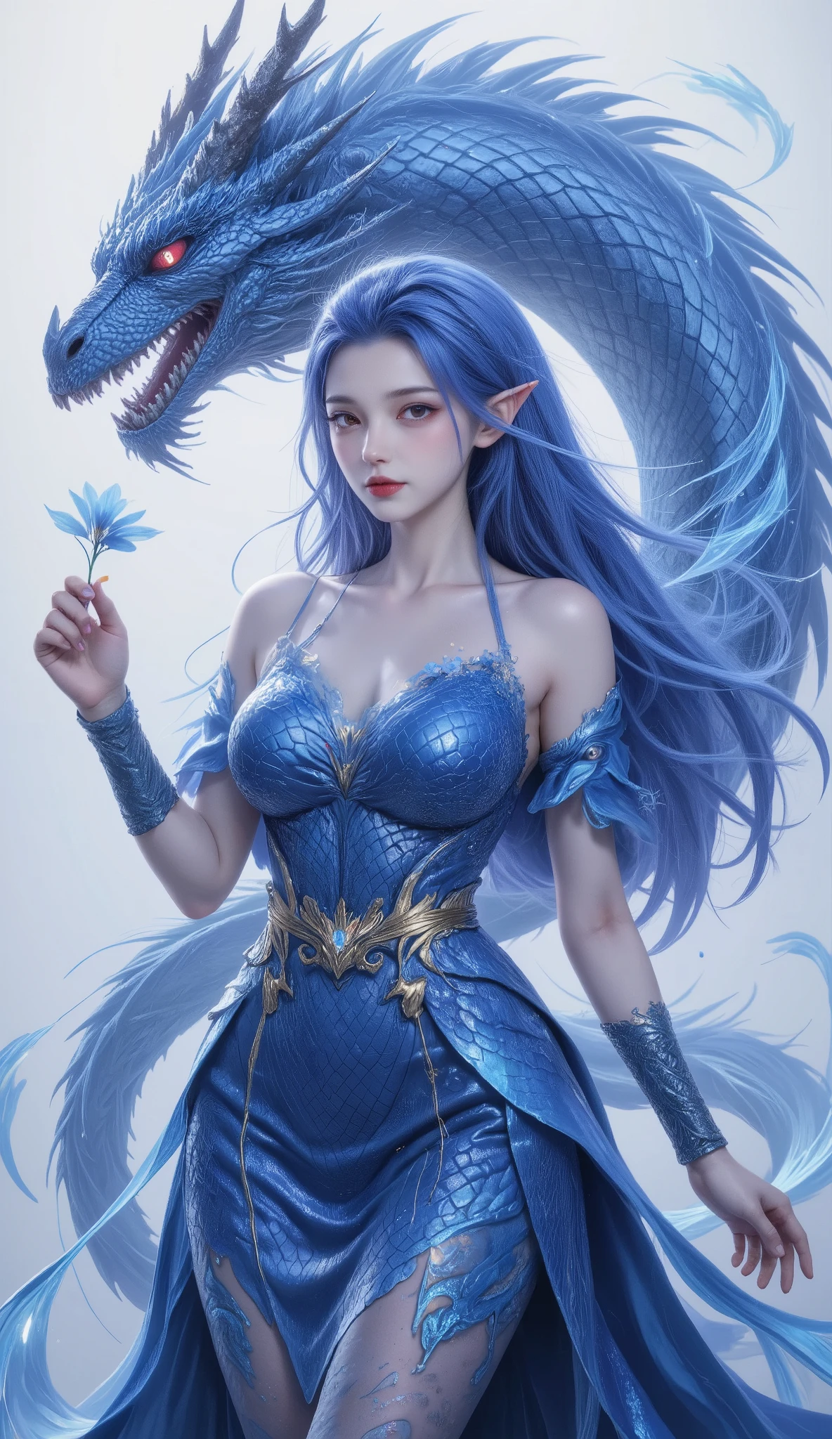 The image features a fantasy-themed illustration of a female character with long, flowing blue hair and pointed ears, resembling an elf or mythical creature. She is adorned in a form-fitting blue dress with intricate patterns and textures that give the appearance of scales, suggesting a connection to aquatic or dragon-like elements. Her dress is complemented by a golden belt or ornamentation around her waist. The character is holding a small, delicate blue flower in her right hand.
Behind her, a large, blue dragon with red eyes and sharp teeth is coiled, its body blending into the background. The dragon's scales and features are detailed and textured, matching the aesthetic of the character's attire. The overall color palette of the image is dominated by various shades of blue, creating a cohesive and striking visual effect.
The illustration style is highly detailed and polished, with a focus on realism and texture, particularly in the character's hair, dress, and the dragon's scales. The lighting and shading in the image give a sense of depth and dimensionality, enhancing the three-dimensional appearance of the characters. There are no visible texts or additional elements in the image.reveals breasts,show your chest,reveals breasts,show your chest,reveals breasts,