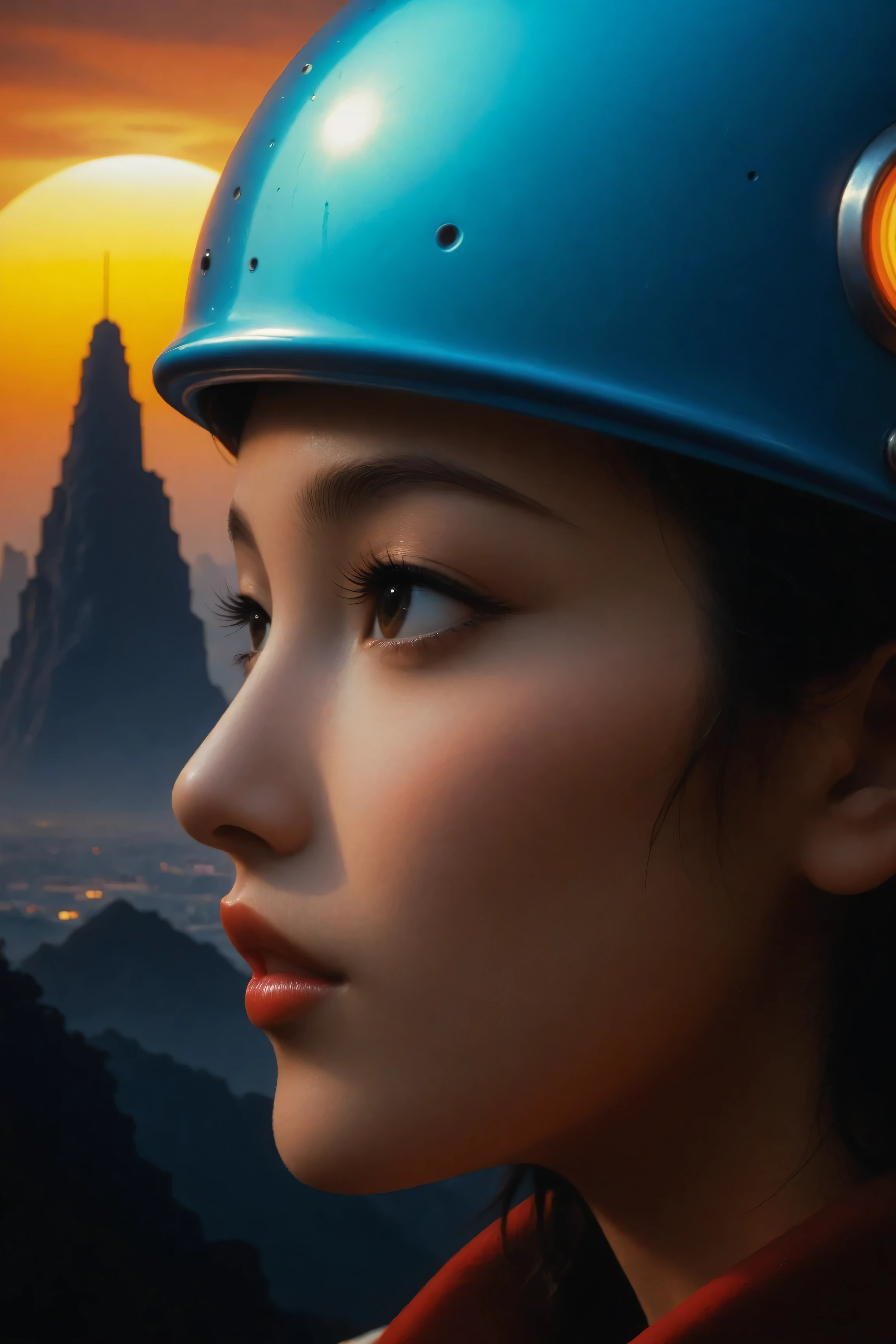 ((best quality)), ((masterpiece)), (detailed), perfect face, surreal, in the illustrative style of moebius, spaceships, aliens, fantasy, sci-fi, graphic novel, line drawing, ((japanese retro)), huge breasts, cleavage, SYNTHWAVE STYLE DESIGN VIBRANT COLORS, young japanese girl, 60s retro, french art deco, graphic poster design, illustrated anime,