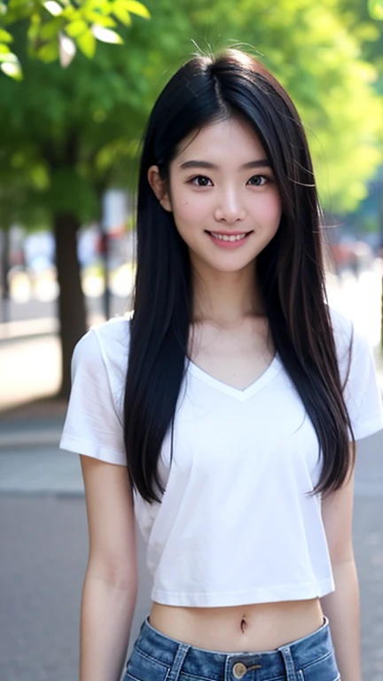 A beautiful girl with long black hair is raising her arm and pointing forward with a happy expression