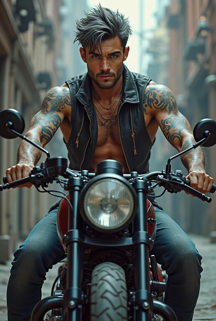 1man, tattoos on arms, five fingers, short hair, muscular, beard,shirtless, no shirt, hairy muscular chest, gold chain, necklace, open jeans, lamppost,(masterpiece, best quality, highres, ultra detailed ),spain \(city\), (driving a motorcycle on the street ) , looking at viewer, front view, dynamic pose, ripping his shirt open, Jamie Dornan lookalike