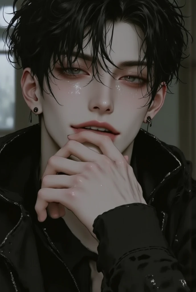 (Masterpiece), (best quality), 1Man , Alone, male ,  middle part hair ,  black hair , dreamy eyes, smile, (Strong, is well defined ,  chiseled jawline ), (   ,  slightly pointed chin ),Muscular, modern student, modern costumes,  haughty , confident, playful miniskirt , unbothered,  mighty ,  Classroom setting , forehead, guardian , aesthetic,  magic , handsome man, High ,   stimulation , eyes,  Youth face , Bối cảnh foreheadg lệ, (1men ), detailed(light and dark),  Light effect , angle movie camera,  the gentleman , gentle, elegant,  Rich ,  gold logo art , learning , learning  in class, (detailed light and dark, movie scenery, (1 person ), ( single men ), (short hair), young, 18 years old, (Exquisite art), Expressive character designs), ( Rich  textures), (digital anime art style)