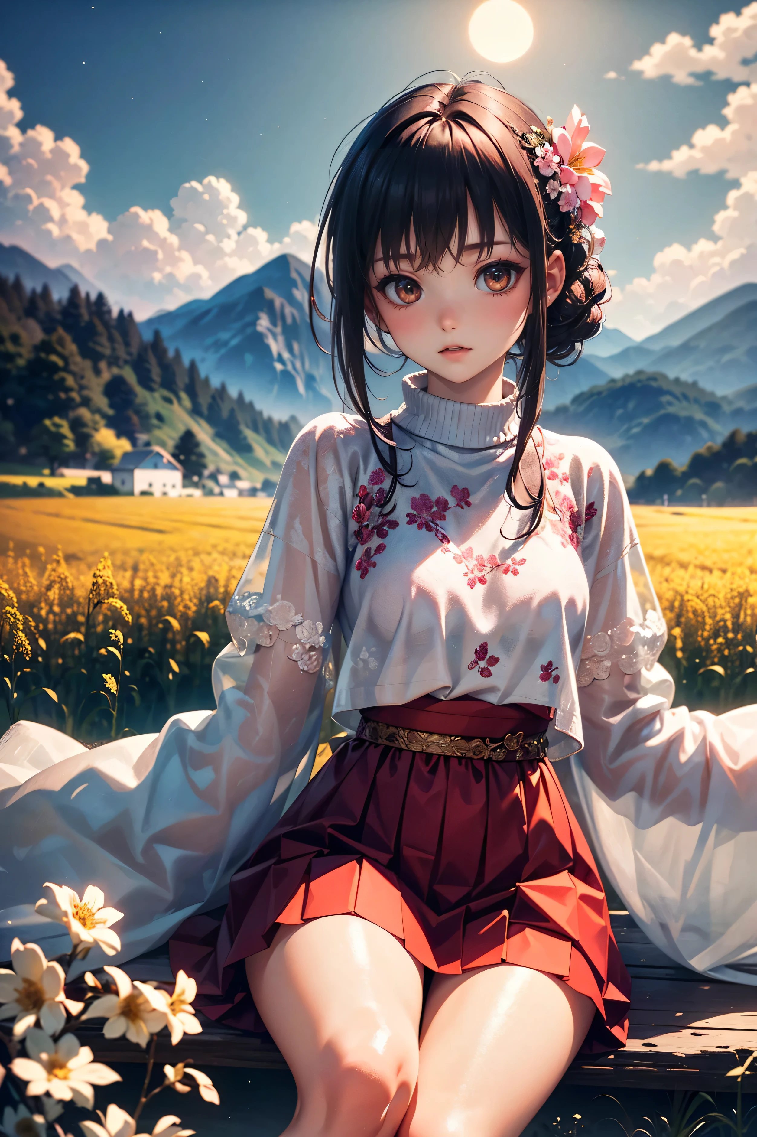 Masterpiece, Highest Quality: 1.2), Highest Quality, 8K, (Beautiful girl with red eyes)), (Red eyes)), (Sparkling narrow eyes)), (Long silver and purple hair)), (Translucent smooth white skin)), Glossy skin, (Small breasts)), (Wearing a wool sweater with floral embroidery)), (Wearing a pink flared skirt)), (Sitting in a rapeseed field with her legs stretched out and her arms clasped behind her head)), (Beautiful coastline illuminated by moonlight)), Anatomically accurate depiction, Delicate depiction down to the fingertips, A scene from a movie