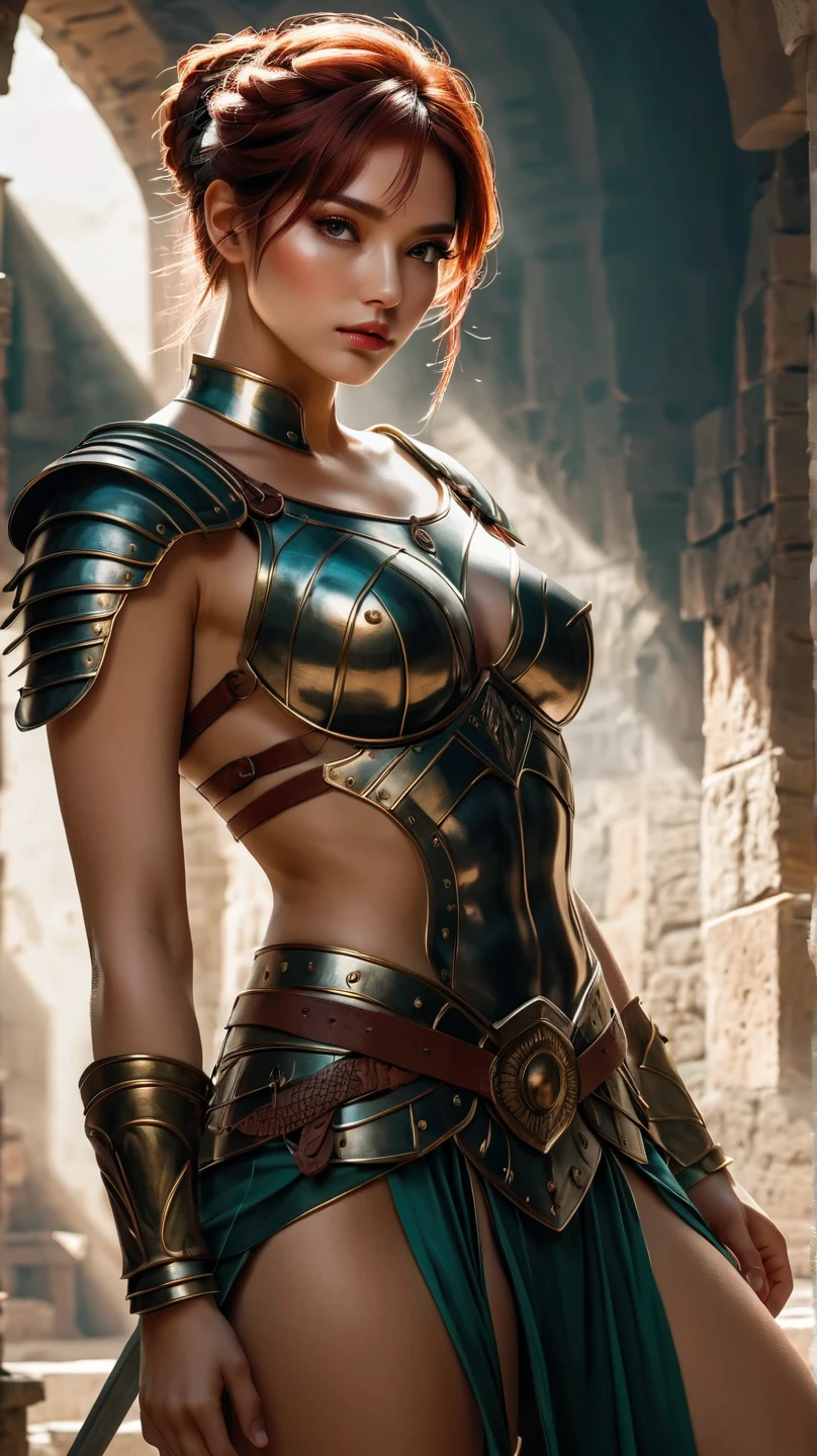 photorealistic mixed oil painting of woman warrior in gladiator amor suit with beautiful breasts , medium breasts, The setting should be grand and richly decorated , medium long shot , cinematic light , blur effect ,fantastic ,dim light atmosphere , elegance pose, battlefield background