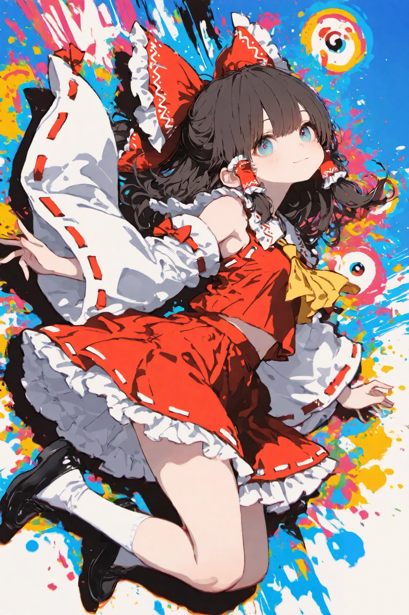 masterpiece, best quality, ultra-detailed,trk,pop art,SagawaStyle,Cute 1girl\(rem \(hakurei reimu,cyan eyes,light smile\),(dynamic pose:0.25) ,full body shot,masterpiece, best quality, 8k, highres, ultra-detailed,HDR, UHD, professional, vivid colors