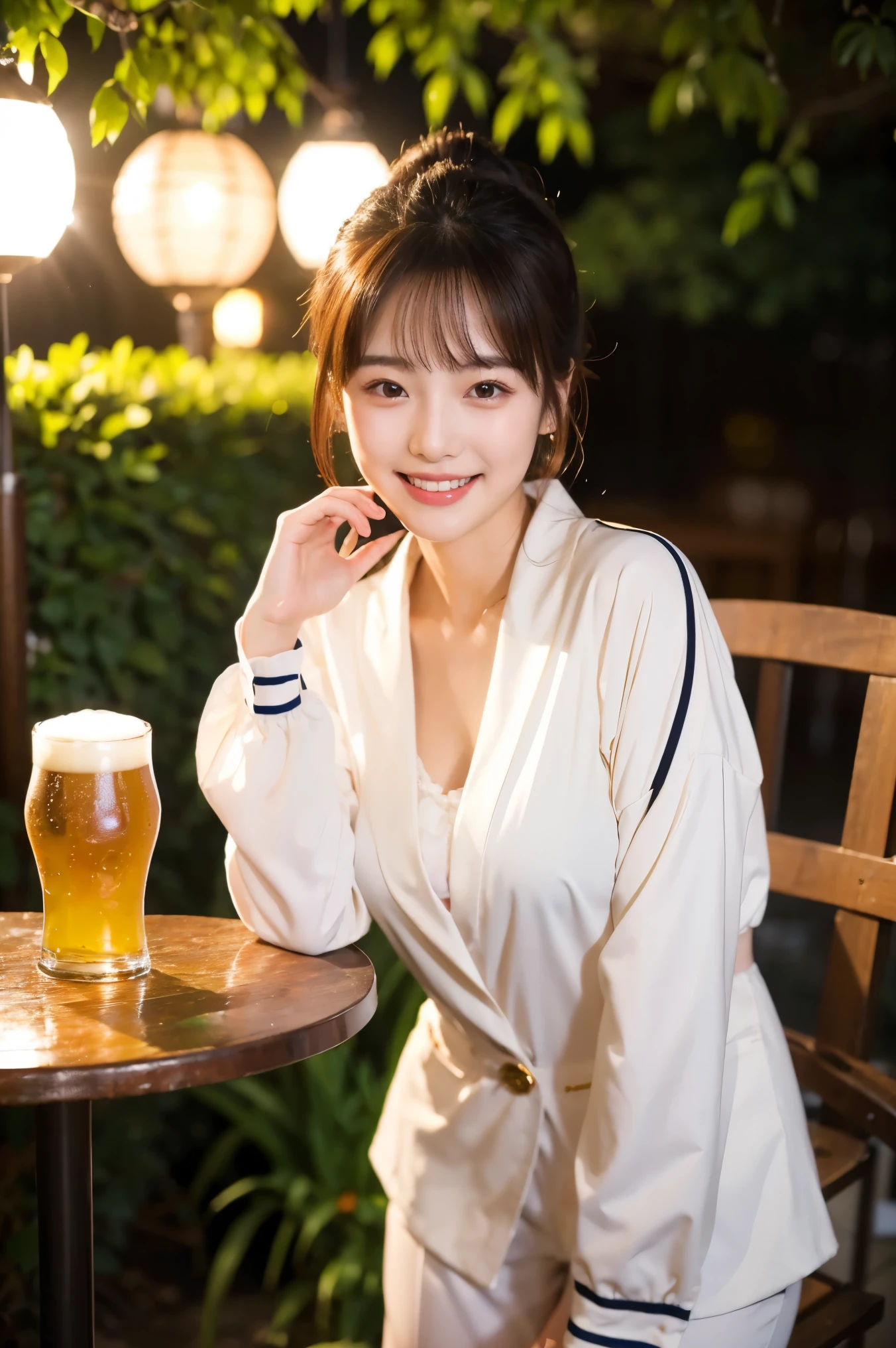 (Preserve face images), Cowboy Shot、Golden Ratio、(((drinking a glass of beer)))、Beer bottles on the table、Pale face:1.3、Super thin face:1.3, (very big eyes:1.5)、 (blown eyes:1.5), master piece、8k, {highest quality}, {{masterpiece}}, {very delicate and beautiful}, outstanding light and shadow, highly detailed wallpaper, Night Background, (((Full body))), 1 girl, blush、(薄い茶Farbeの髪), Wet hair after a shower、(窓の外はNight Background:1.5), Farbe々A pose:1.5, necklace、ring、earrings、BREAK (( (Stylish home living room), Wearing an oversized white bathrobe ):1.3) ,(Toothless smile:1,5), 窓の外はNight Background:1.5