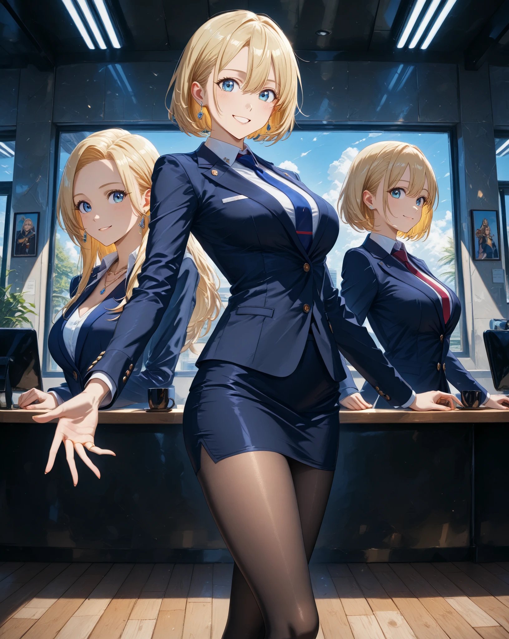 Short haircut、Blonde、tits、uniform、stockings、Open your legs while crouching、Perfect body、Love juice overflows
