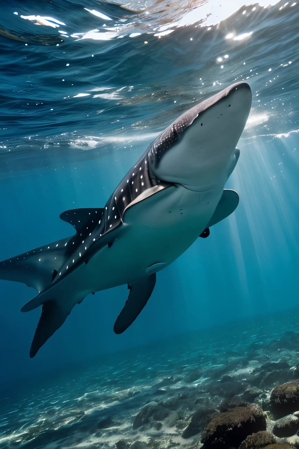 Illustration of a whale shark swimming gracefully in the ocean shining in sunlight