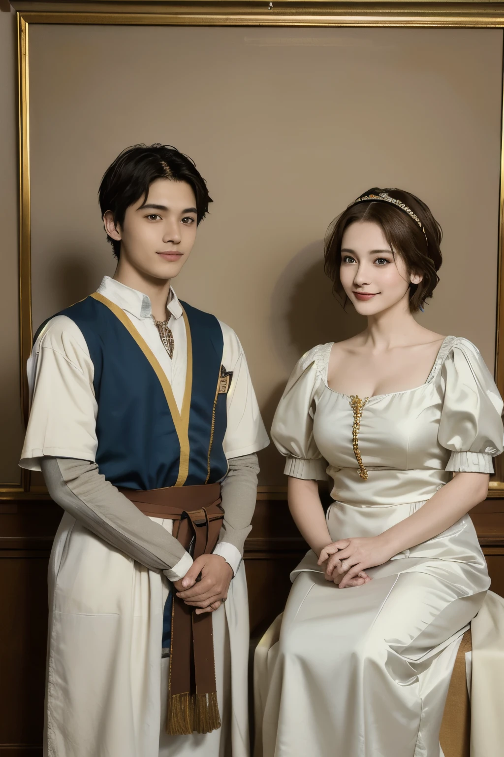 363 (20 year old woman and 20 year old man),(short hair), (high quality photos), (gentle smile), ( colorful costumes ), (Leonardo da Vinci painting)