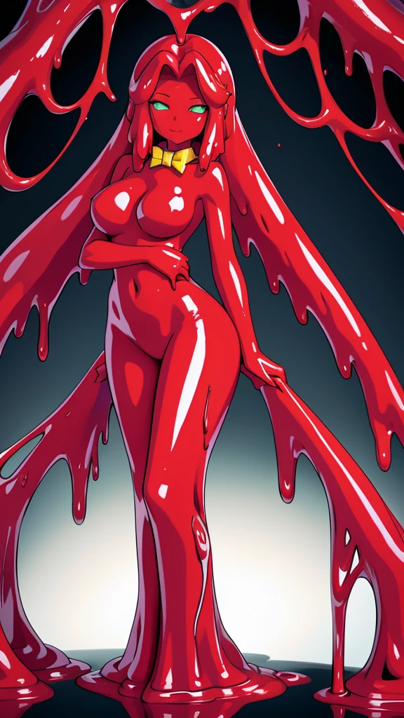 (masterpiece,best quality,ultra-delicate,Perfect Face,16k,high resolution,very beautiful woman),Red Slime Body, Green Eyes, Yellow bow tie,jamanen:1.3,((melting body,Melting legs, melting hair,melting breasts)) ,(huge Breasts),Long Hair,Shiny body,red Muddy caves,smiling,anime style