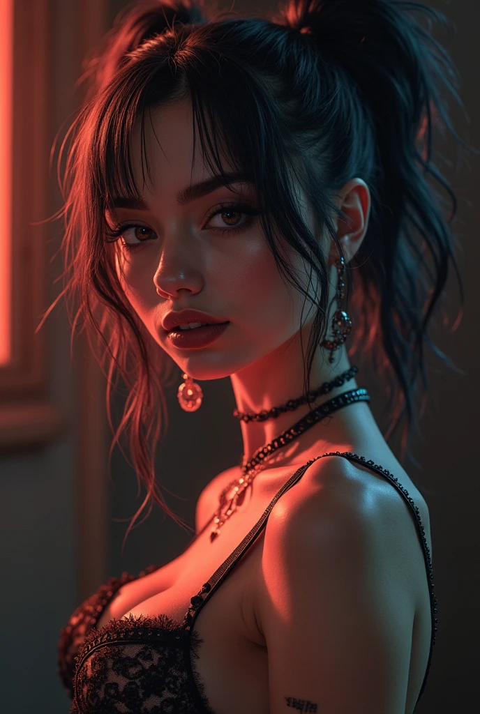Girl short brown hair, tattoos, in a black dress, dark brown eyes thick lips white skin piercings in a restaurant