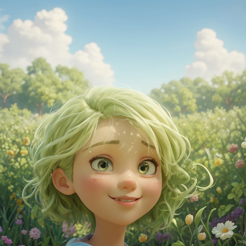 stunning mini-girl, short blonde hair disheveled, sticking out, smile, close-up face, huge eyes, looking at a dandelion, minimalism, blurred watercolor, wet watercolor, watercolor drawing, delicate shades of white