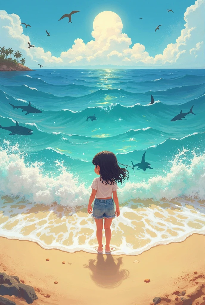 A girl playing with penguins, a sunny beach, surfing, illustrations, vibrant colors, best quality, realistic, detailed eyes, beautiful lips, playful atmosphere, joyful expression, flowing beach dress, surfing board, waves, palm trees, warm sunlight, cool sea breeze, sandy beach, happy penguins, water splashes, clear blue sky, summer vibes, endless horizon.