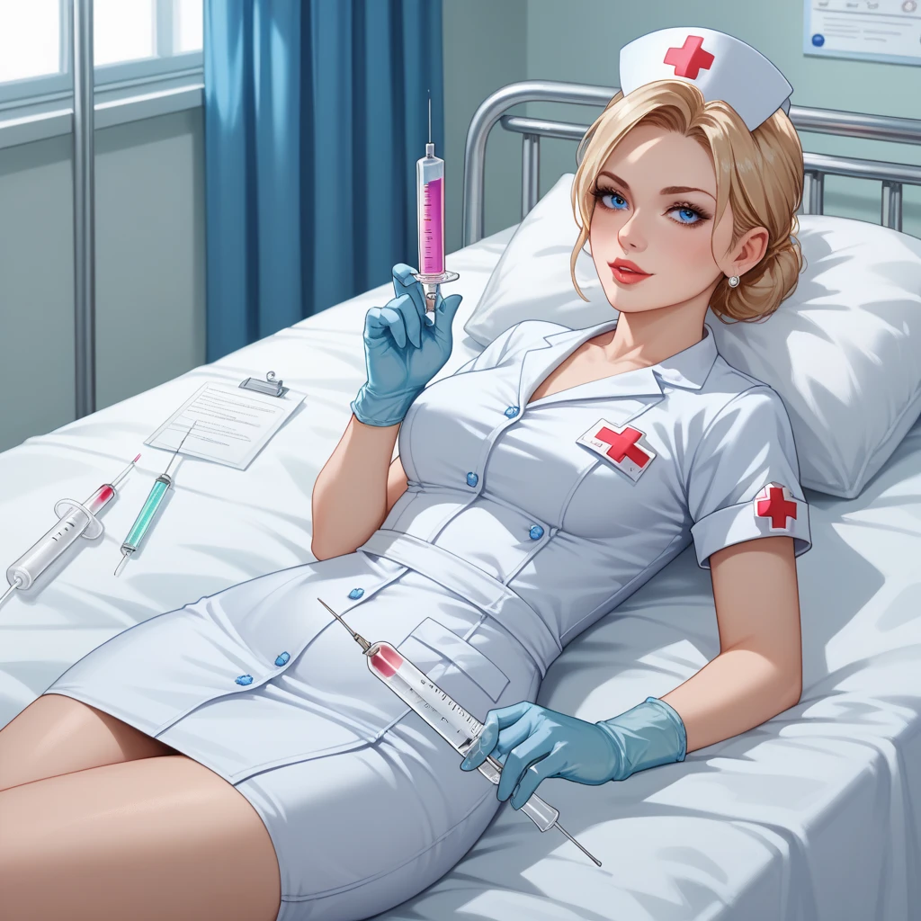 masterpiece, best quality, blonde Female nurse with a surgical mask putting on gloves at hospital, white nurse outfit