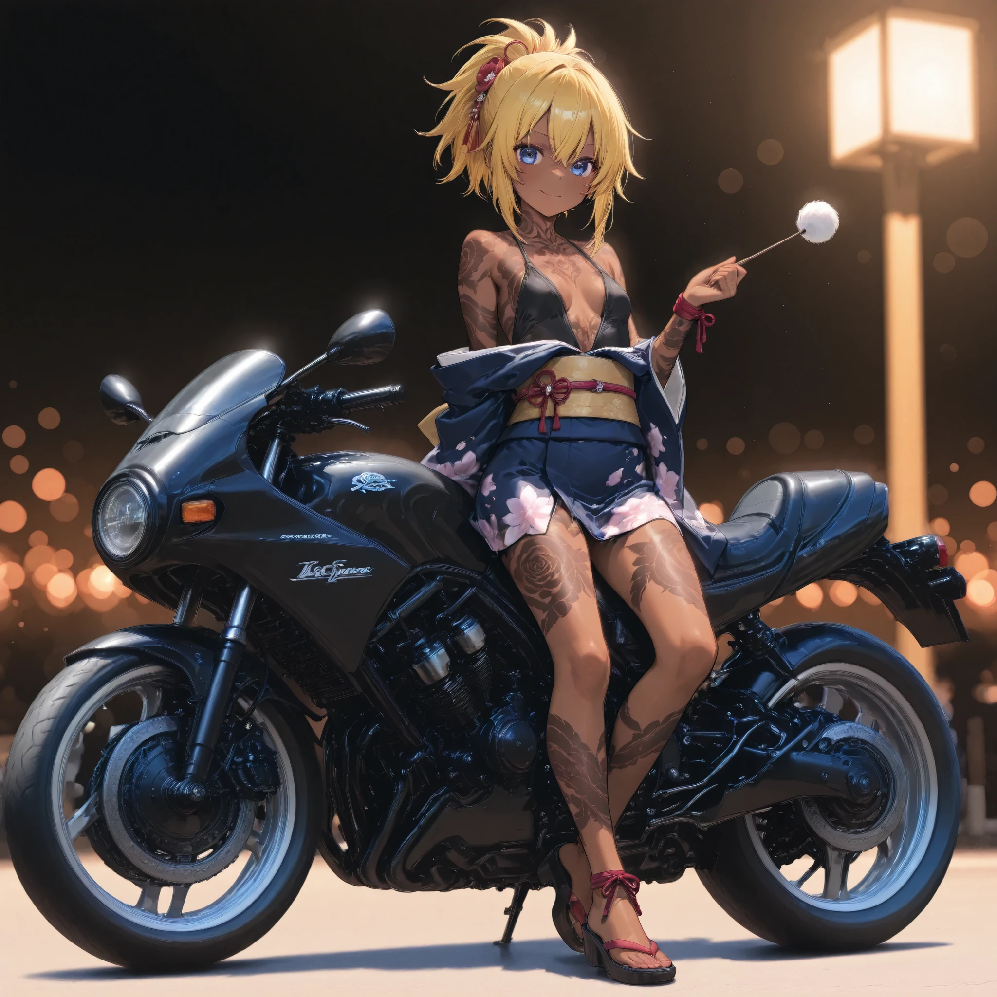 A high school girl rides a motorcycle and runs briskly through , kimono、brown skin , small breasts, video , yellow hair 、full body tattoo、anatomically accurate、Top Quality、textured skin、masterpiece、Japanese Carving /4K、8k、High Resolution、masterpiece、ultra detail、 real 、real 、hdr、UHD、studio lighting、ultra fine paint、sharp focus on the restrained wrist、physically-based rendering、EXTREME DETAIL DESCRIPTION、professional、Vivid Colors、bokeh